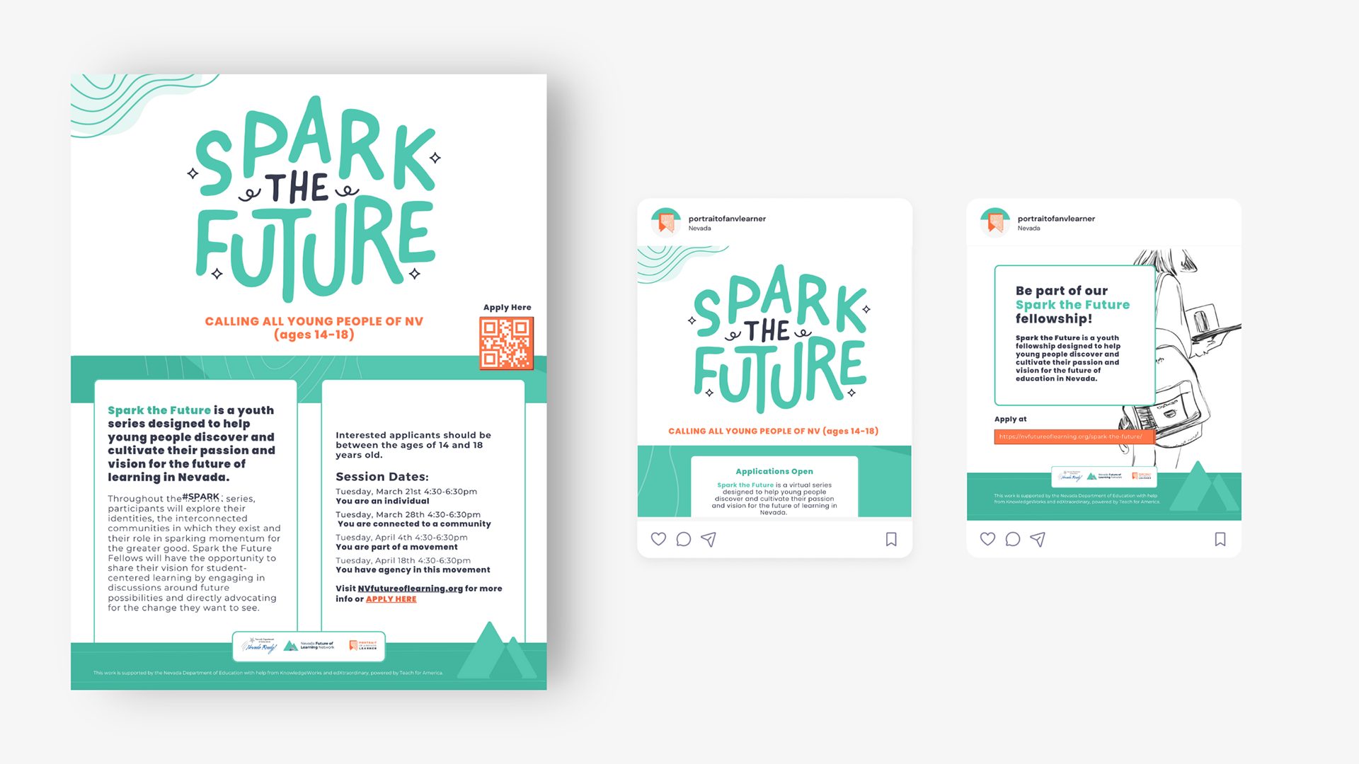 Spark the Future branding, flyer, and social media post.
