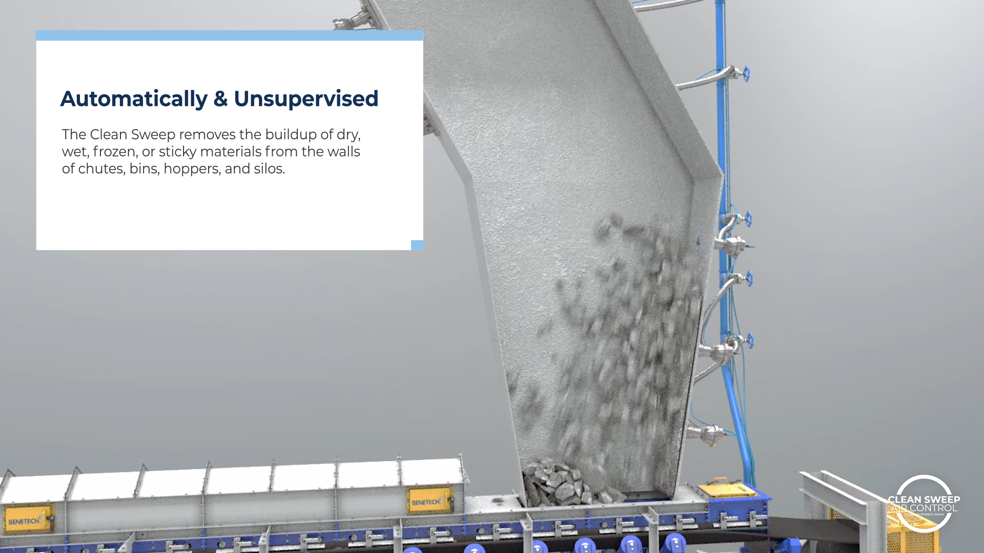 The Clean Sweep removes the buildup of dry, wet, frozen, or sticky materials from the walls of chutes, bins, hoppers, and silos.