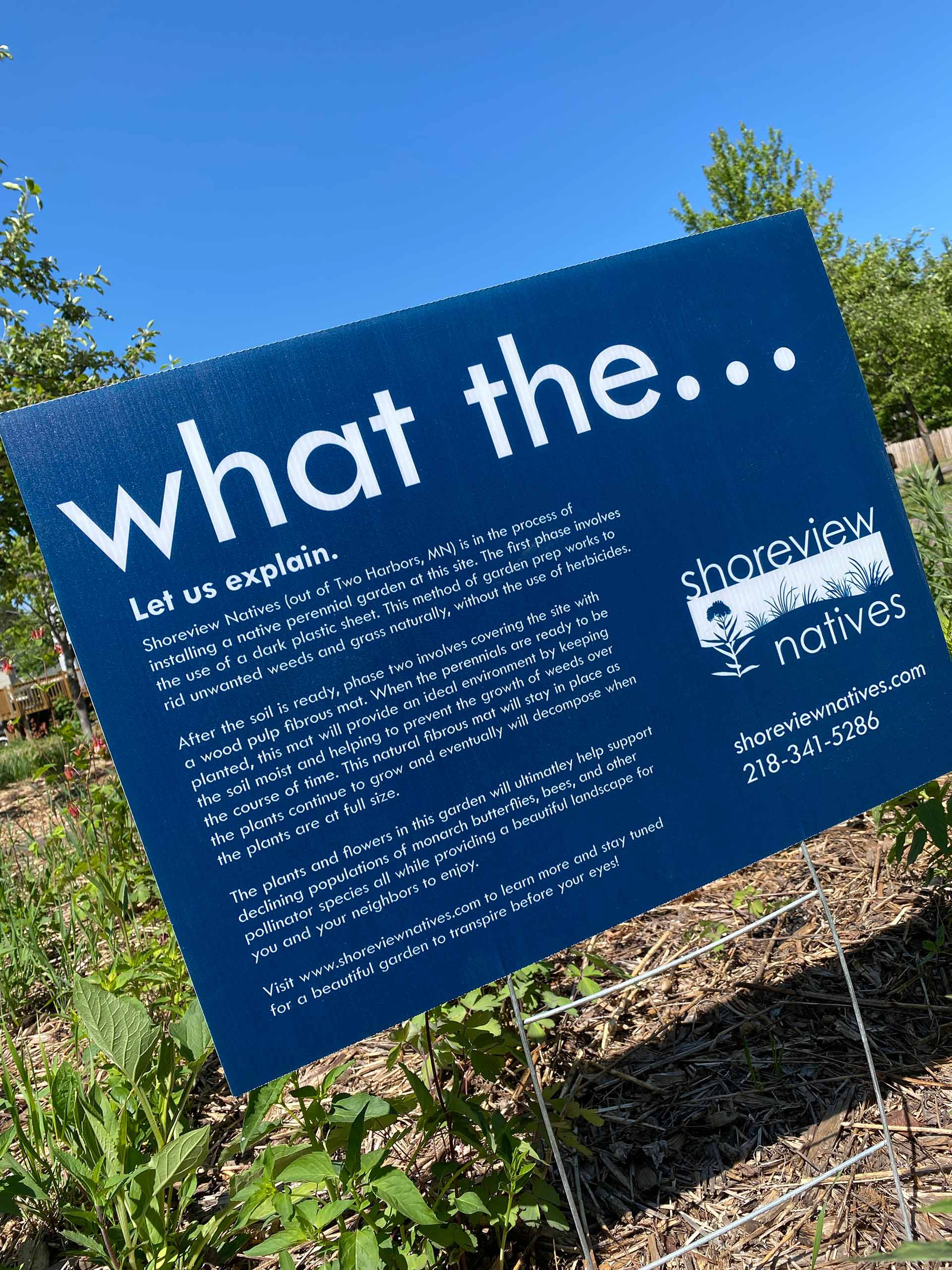Yard sign created to generate curiosity while explaining the prep work involved with installing a native garden. During this phase large dark plastic sheets cover the land to get rid of unwanted weeds or grass without the use of herbicides (sometimes for several weeks). This sign was developed in an effort to educate passersby that a native plant and pollinator garden is in the process of being installed—naturally.
