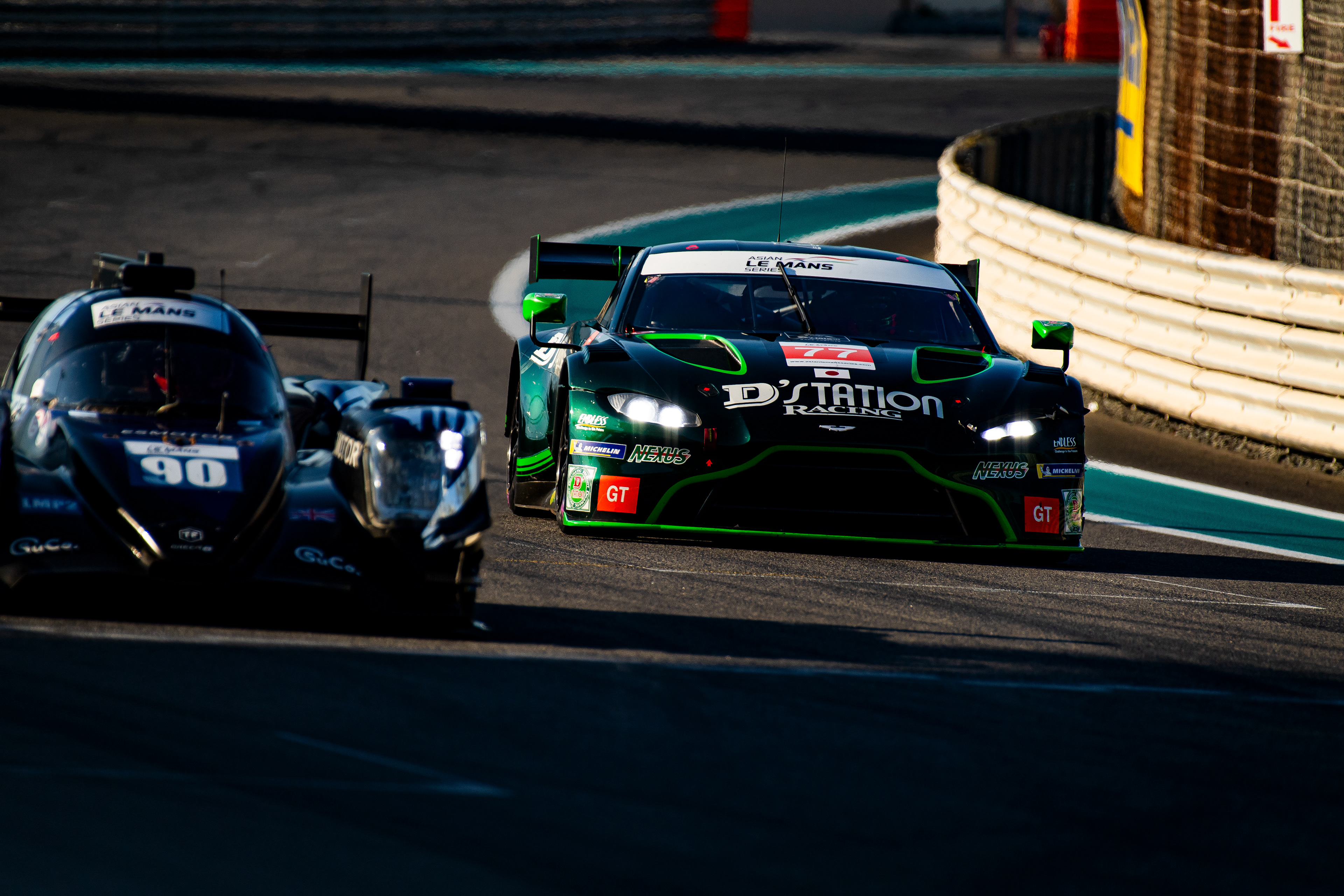 #77 D'STATION RACING Aston Martin Vantage AMR GT3 of Satoshi Hoshino, Tomonobu Fujii, Casper Stevenson & #90 TF SPORT of Salih Yoluc, Michael Dinan, Charlie Eastwood 