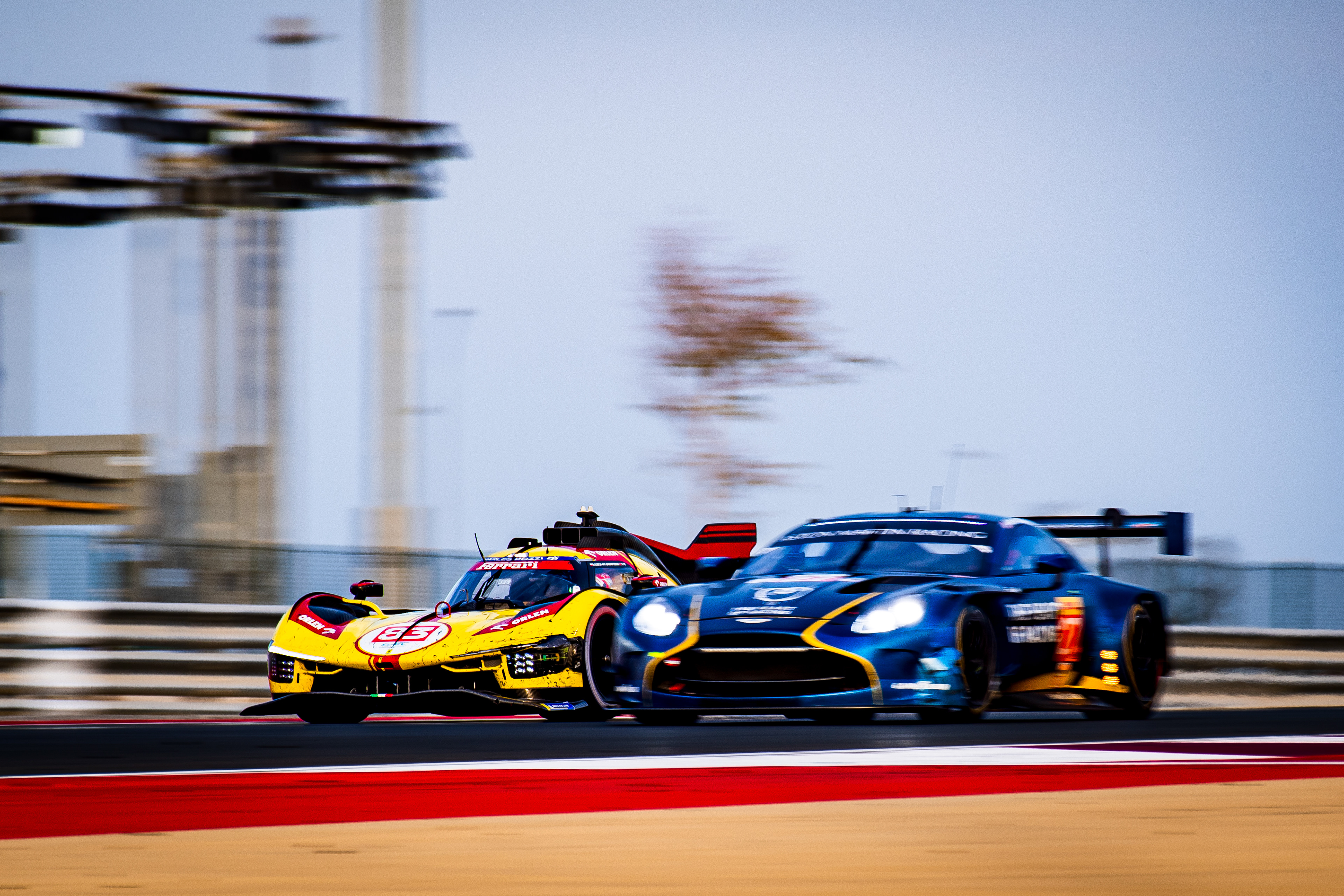 #83 AF CORSE  ITA M Ferrari 499P  of Robert Kubica, Robert Shwartzman, Yifei Ye x #27 HEART OF RACING TEAM USA G Aston Martin Vantage AMR LMGT3 of Ian James, Daniel Mancinelli, Alex Riberas