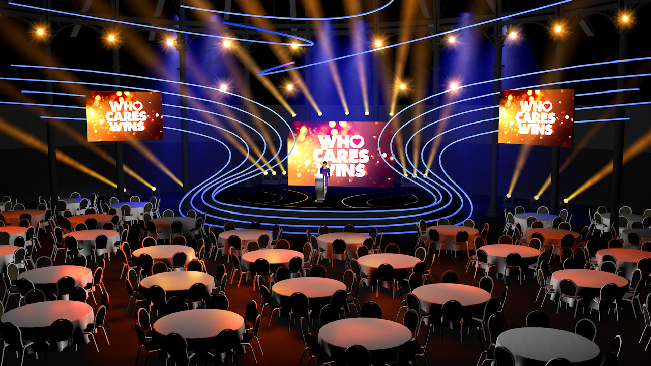 Who Cares Wins. Designer, Paul Houston (light beams added after broadcast to existing 3D model)