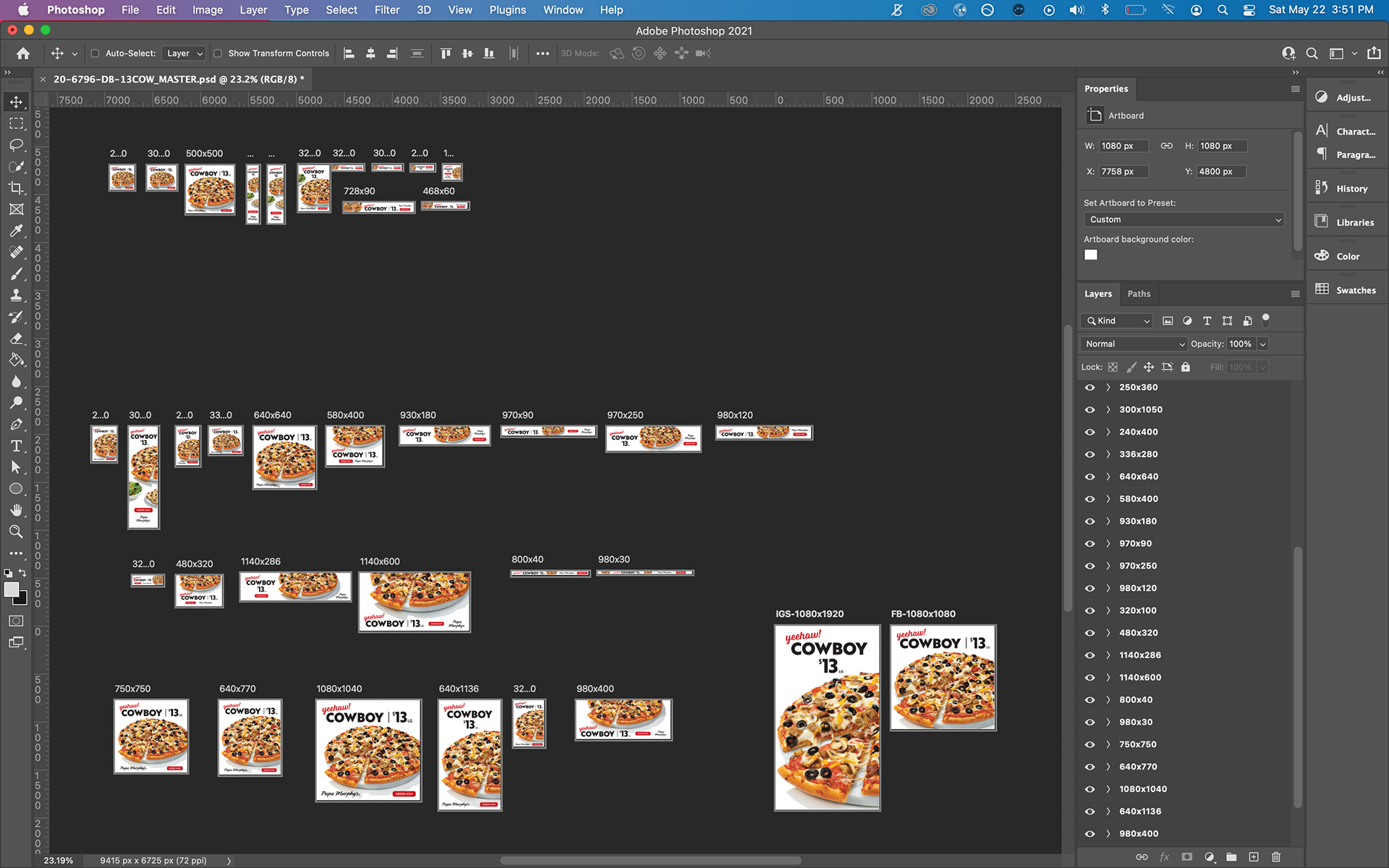 Here you can see many digital banner jobs required a TON of different sizes to be created with the same headline & images. I created a brand new PSD template for the studio team to work from moving forward to make the process more efficient.
