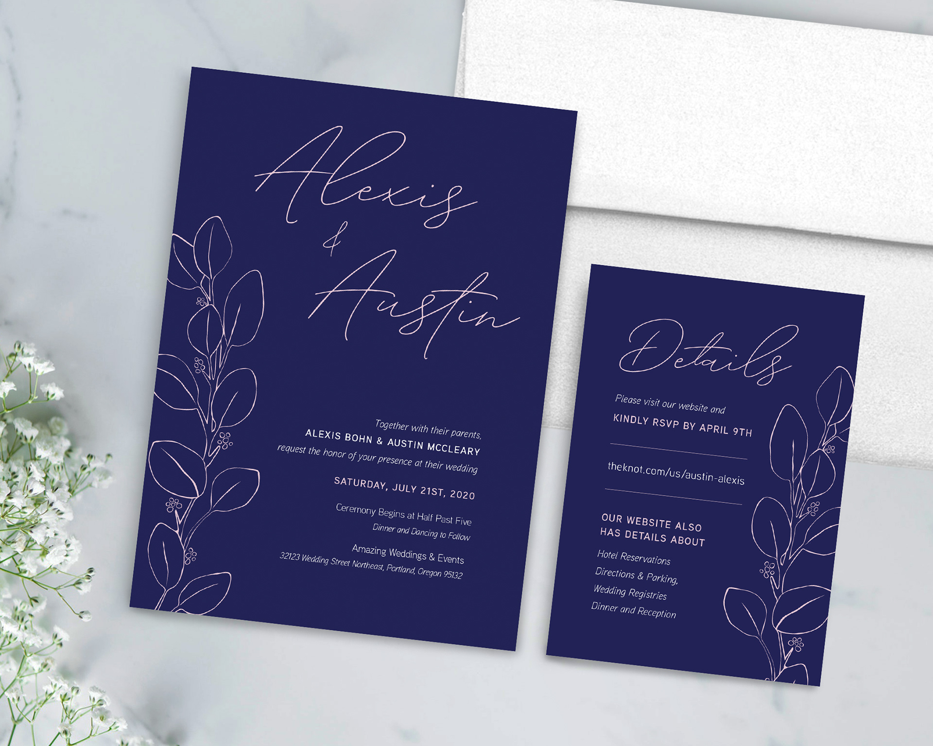 Blush pink hand-drawn leaves on beautiful navy blue paper