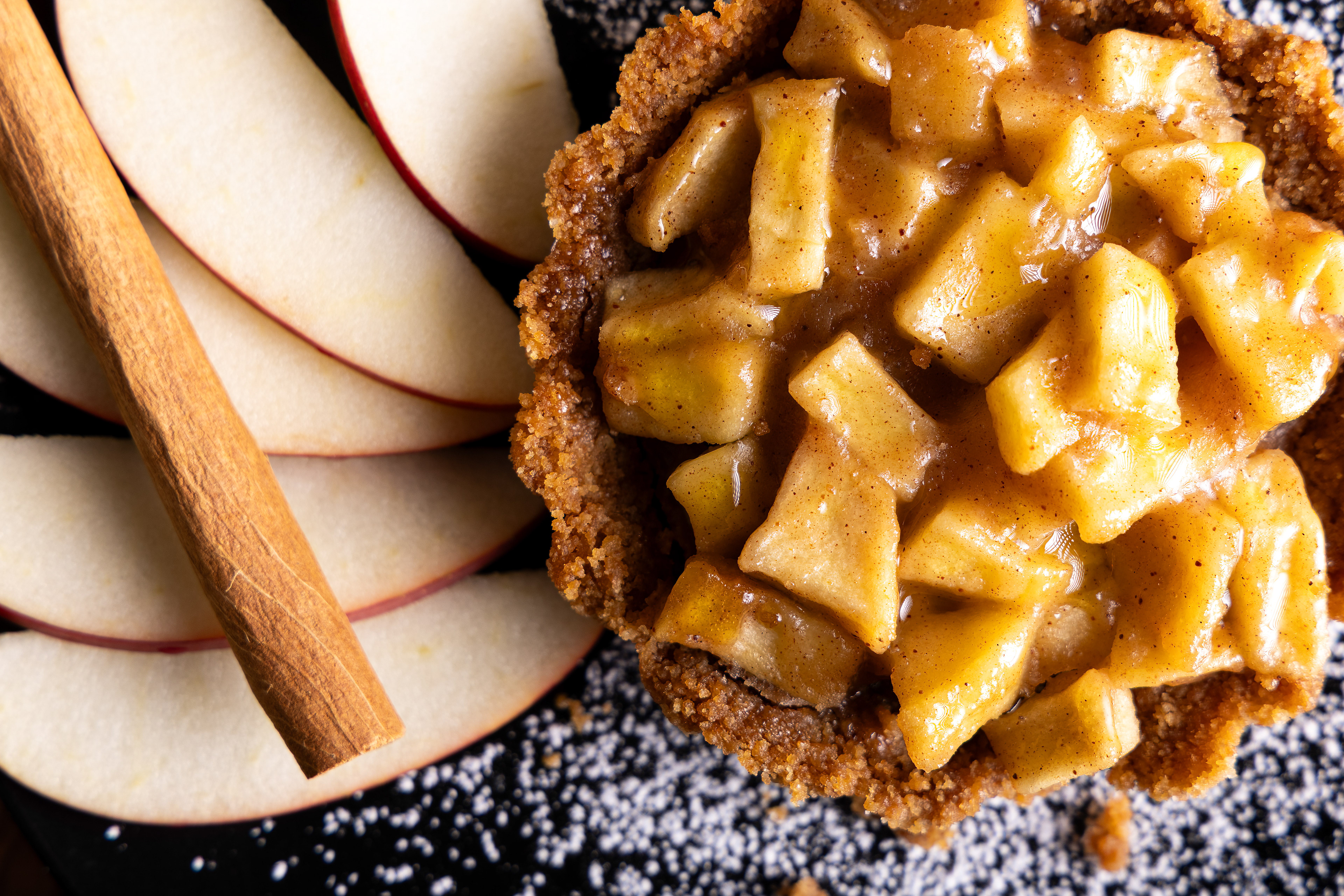 Stylized Food Product Photograph of an Apple Tart