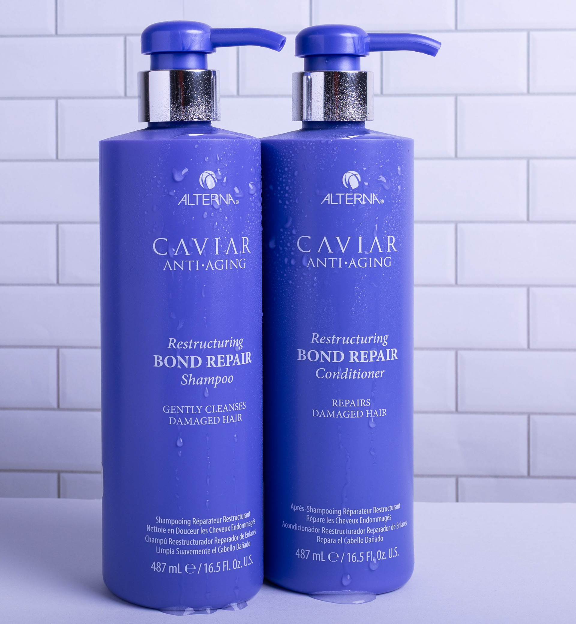 Shampoo and Conditioner Hair Product Photograph with a tile background