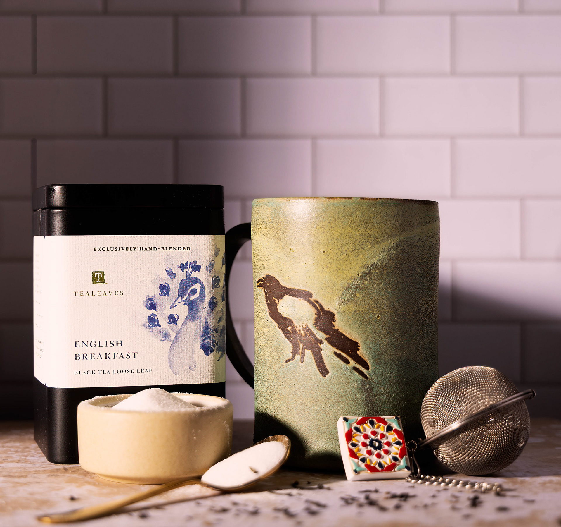 Tea and mug in morning light product photograph