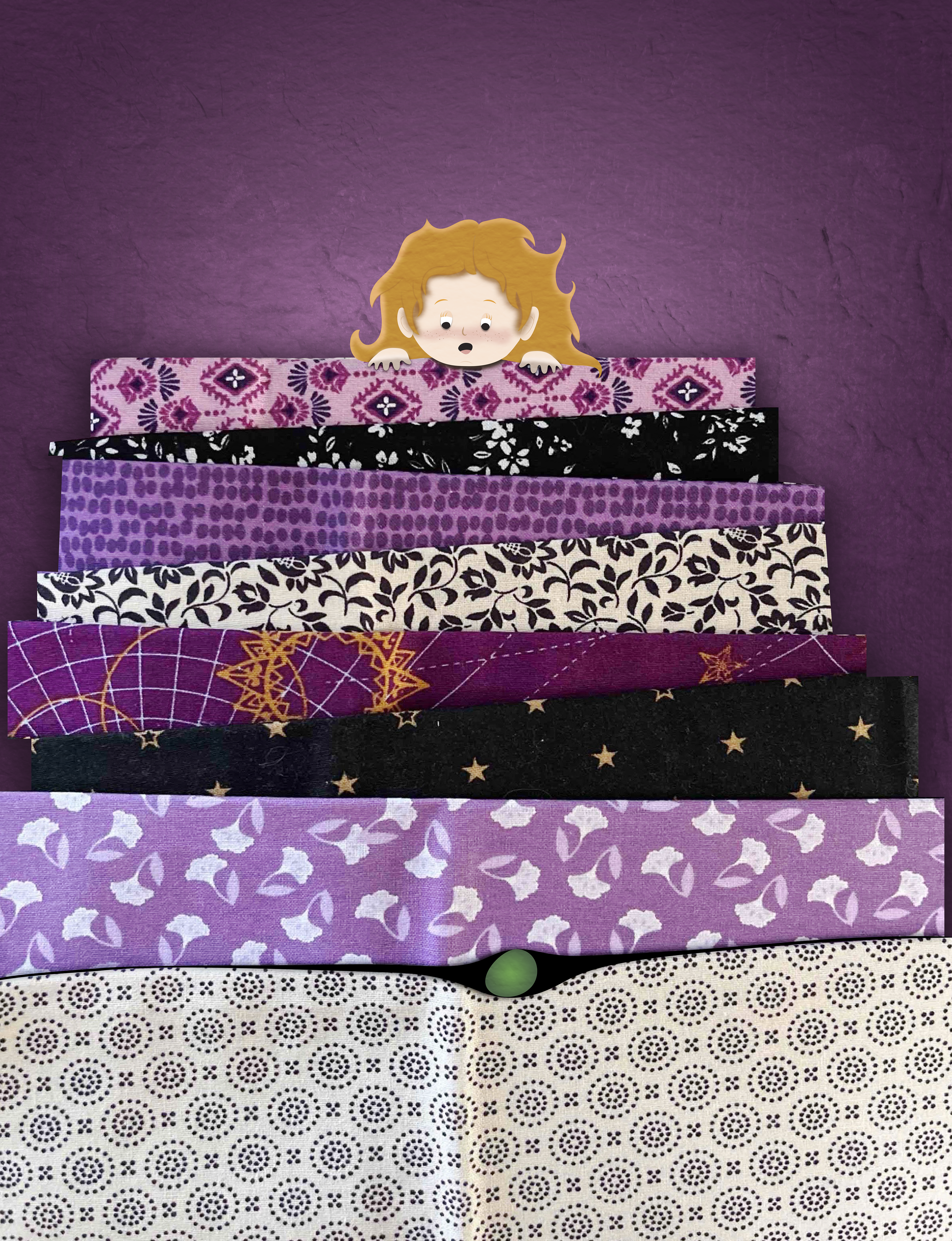 Based on The Princess and the Pea. Combines analog fabric for mattress with digitally illustrated princess and pea elements.