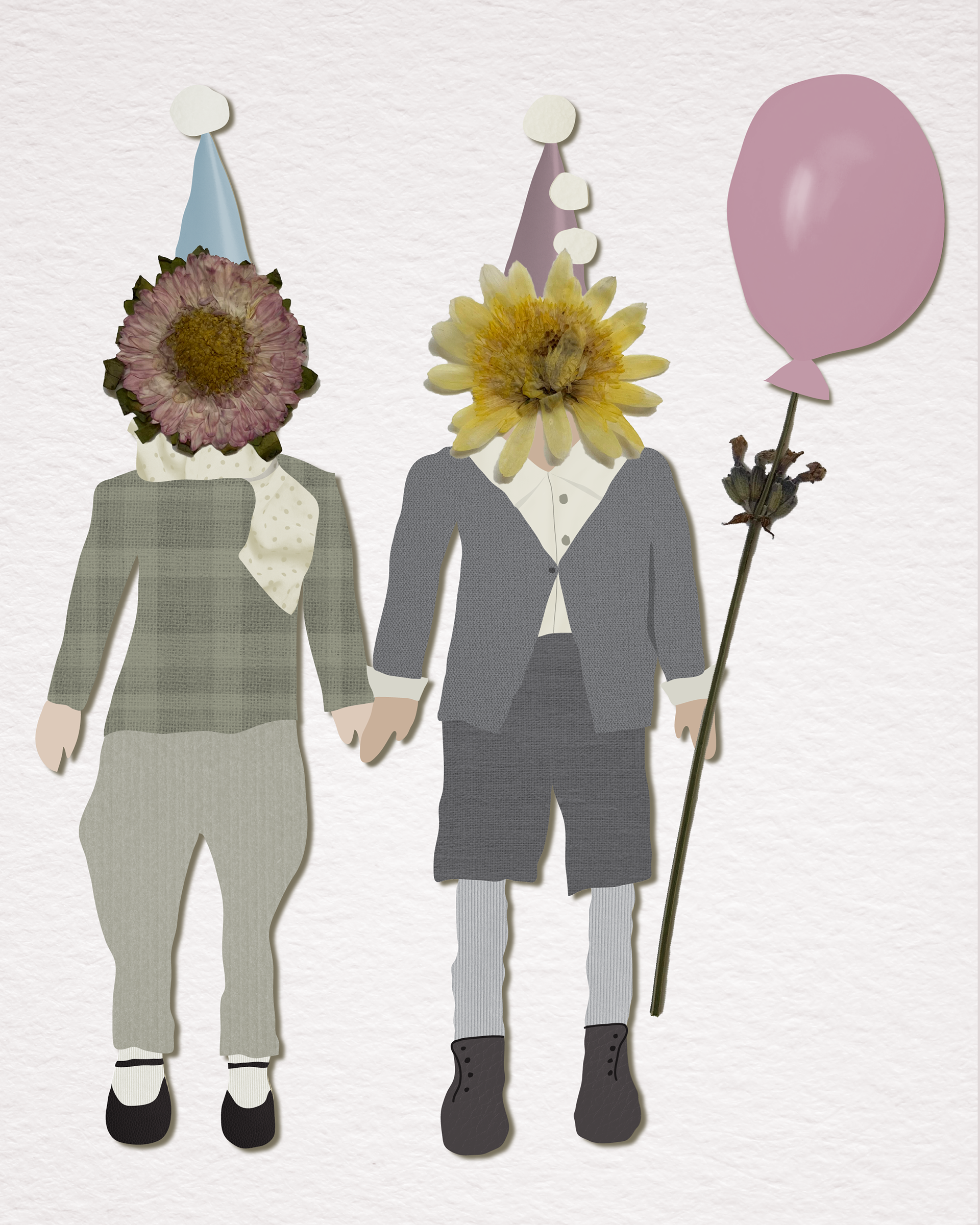 Illustration based on old photograph. Combines analog pressed flowers with digitally illustrated elements.