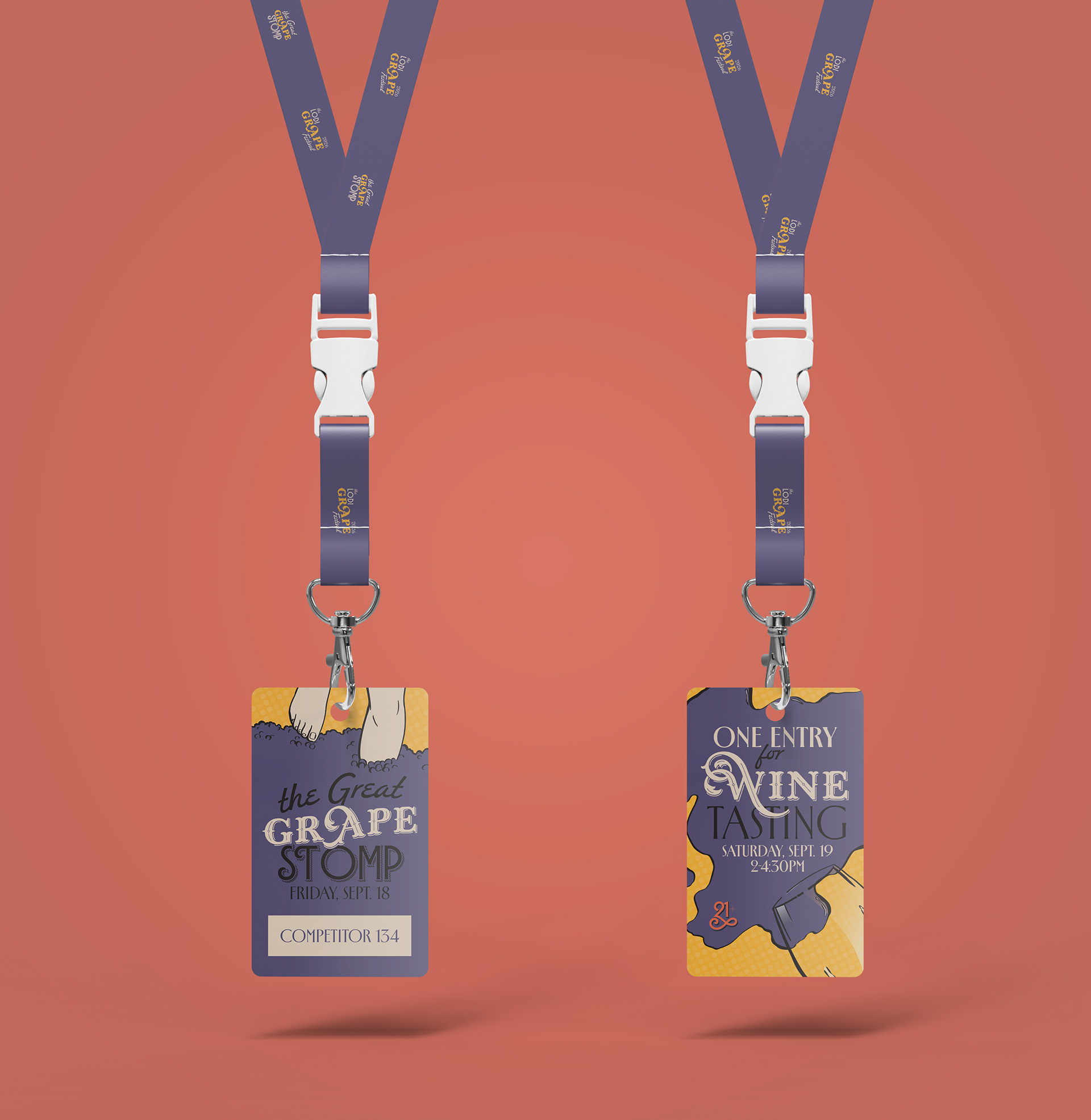 Mockup of Grape Stomp Competitor Badge (left) and Wine Tasting Badge (right)