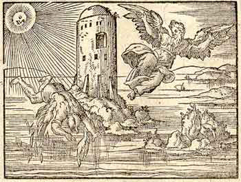 Woodcut of Daedalus watching Icarus fall in Ovid: Metamorphoses, illustrated by Virgil Solis (Frankfurt: 1569) and held in Department of Special Collections of University of Glasgow