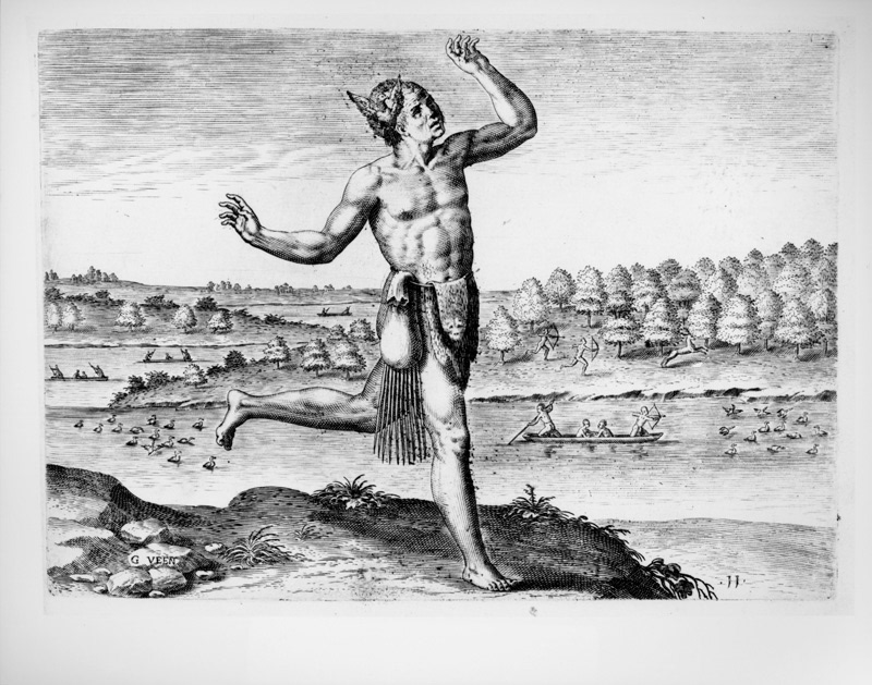 Native American "conjuror" in a 1590 colonial engraving