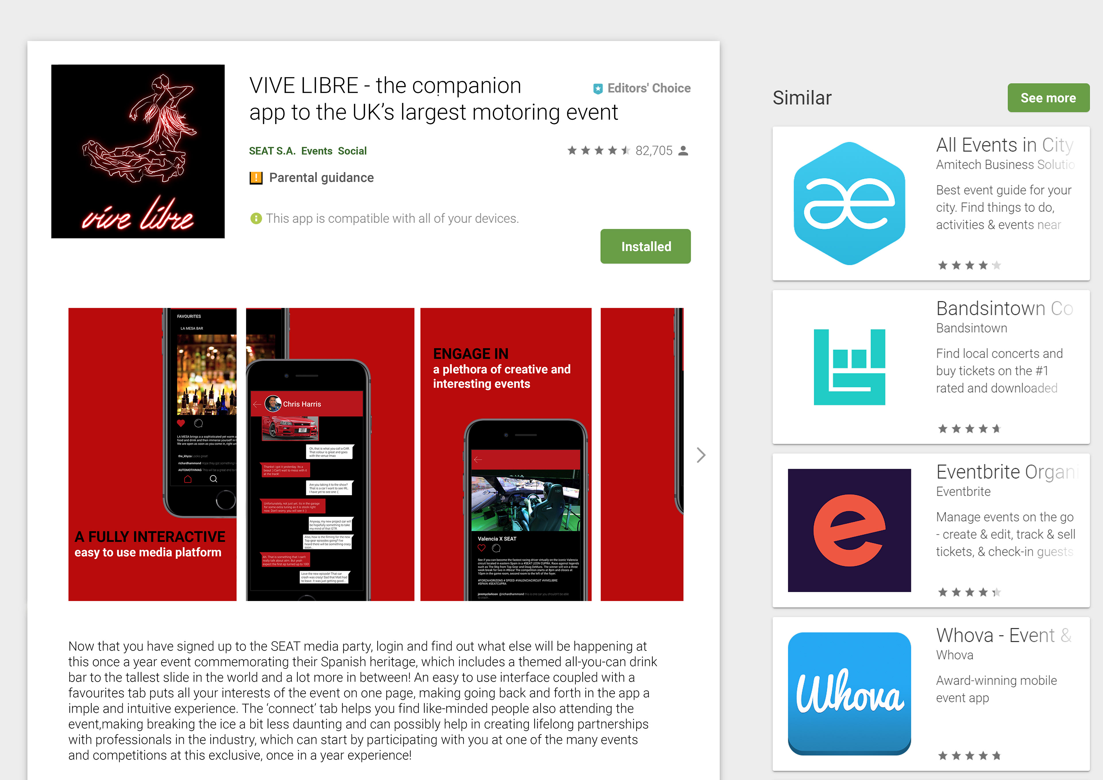 App store mockup for the media party: A social media platform to interact with attendees and view event details.