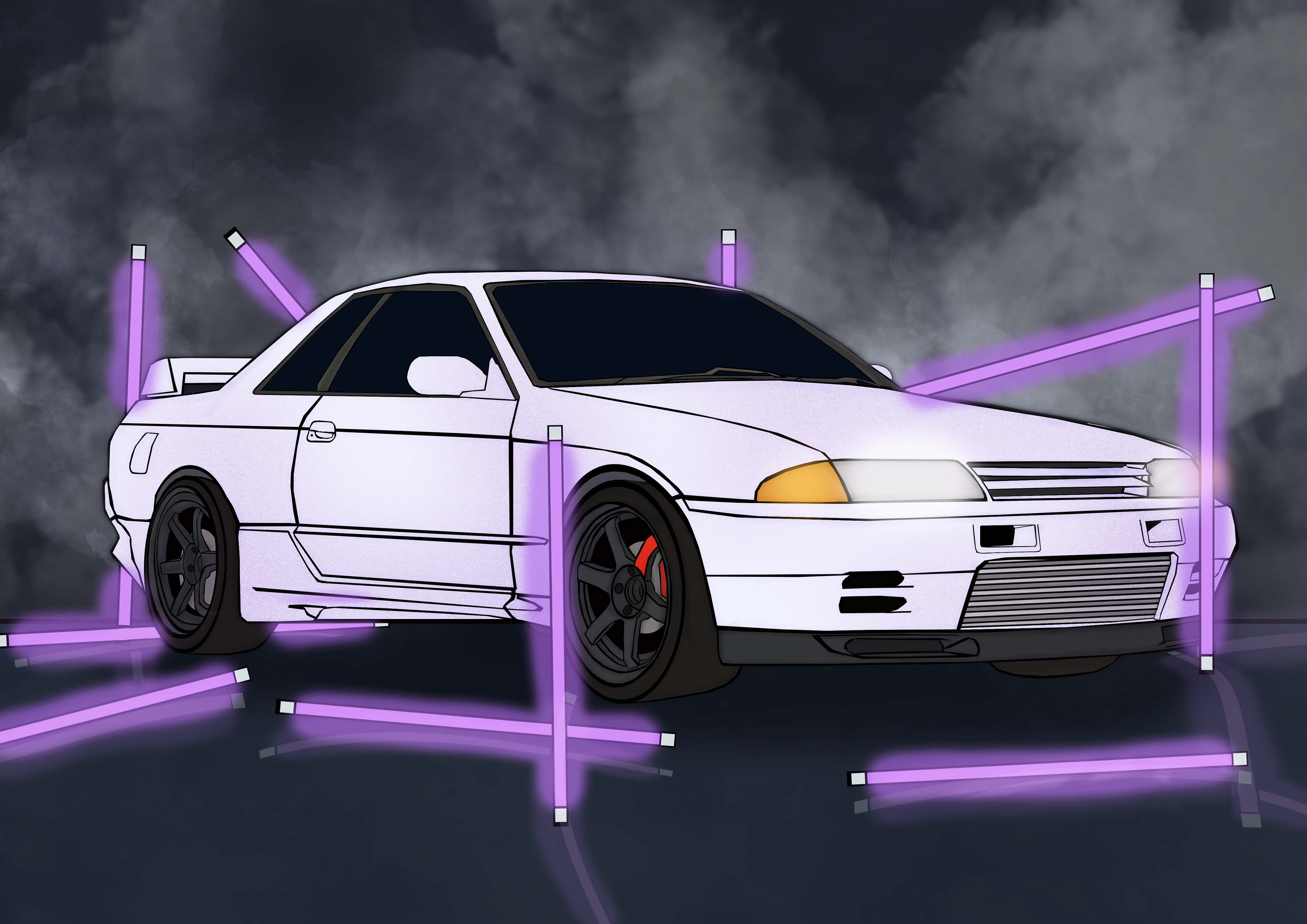 G o d z i l l a- The iconic Nissan R32 GT-R at a car show, with dynamic lighting to emphasise its legendary design and appeal.