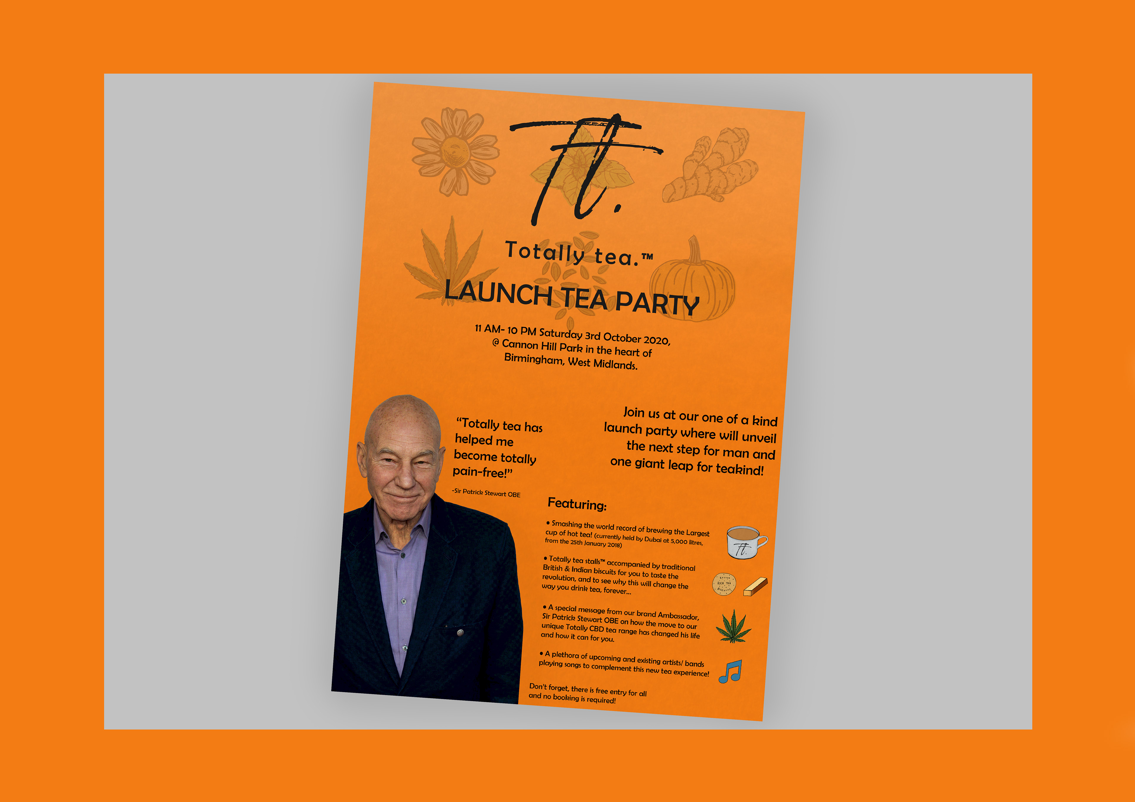 Tea brand launch party invitation: Featuring Sir Patrick Stewart, the brand ambassador, for the launch of my relaxation and CBD-focused tea brand.