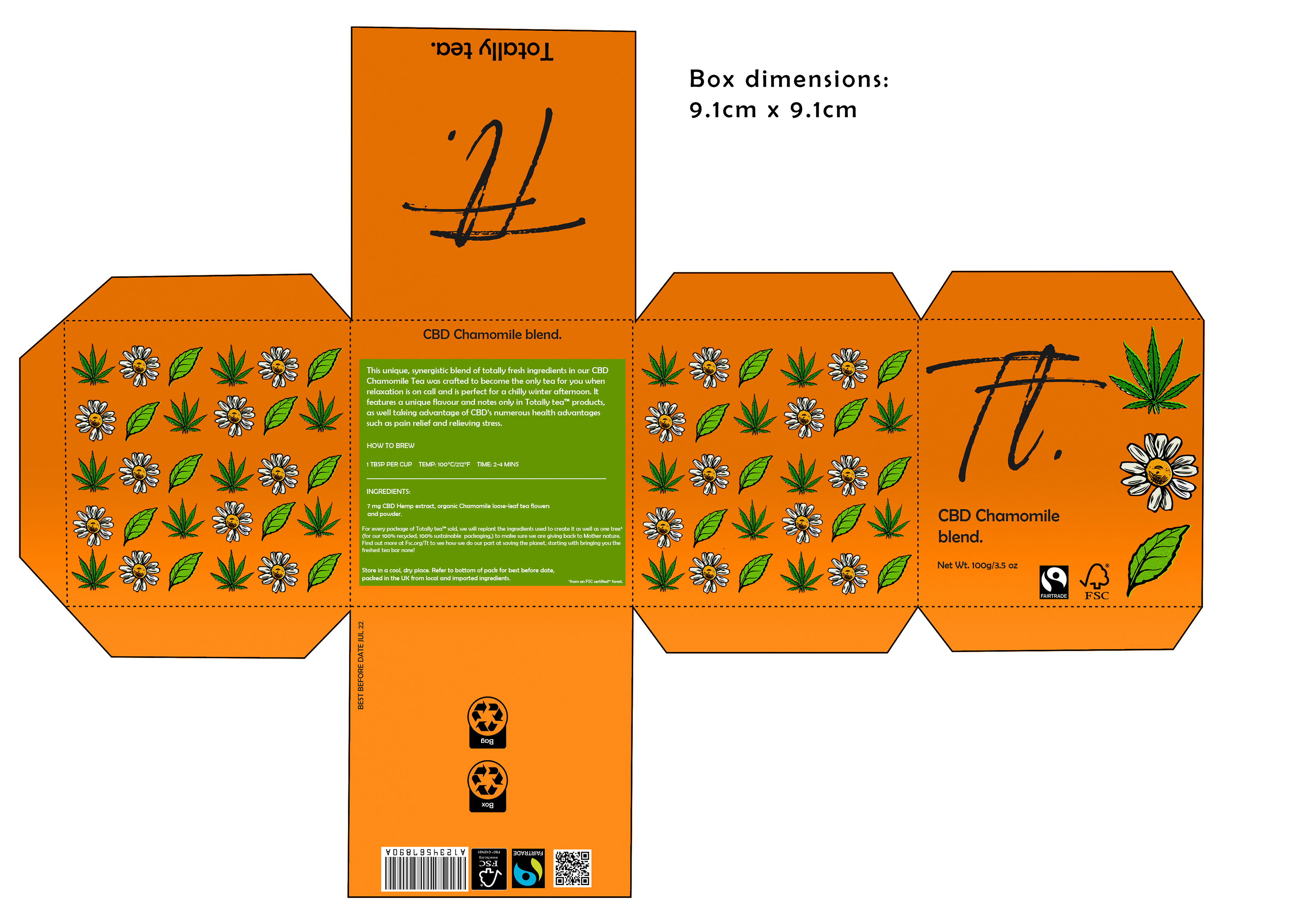 Tea brand packaging mockup: A render showcasing the full packaging design for my relaxation and CBD-focused tea brand.