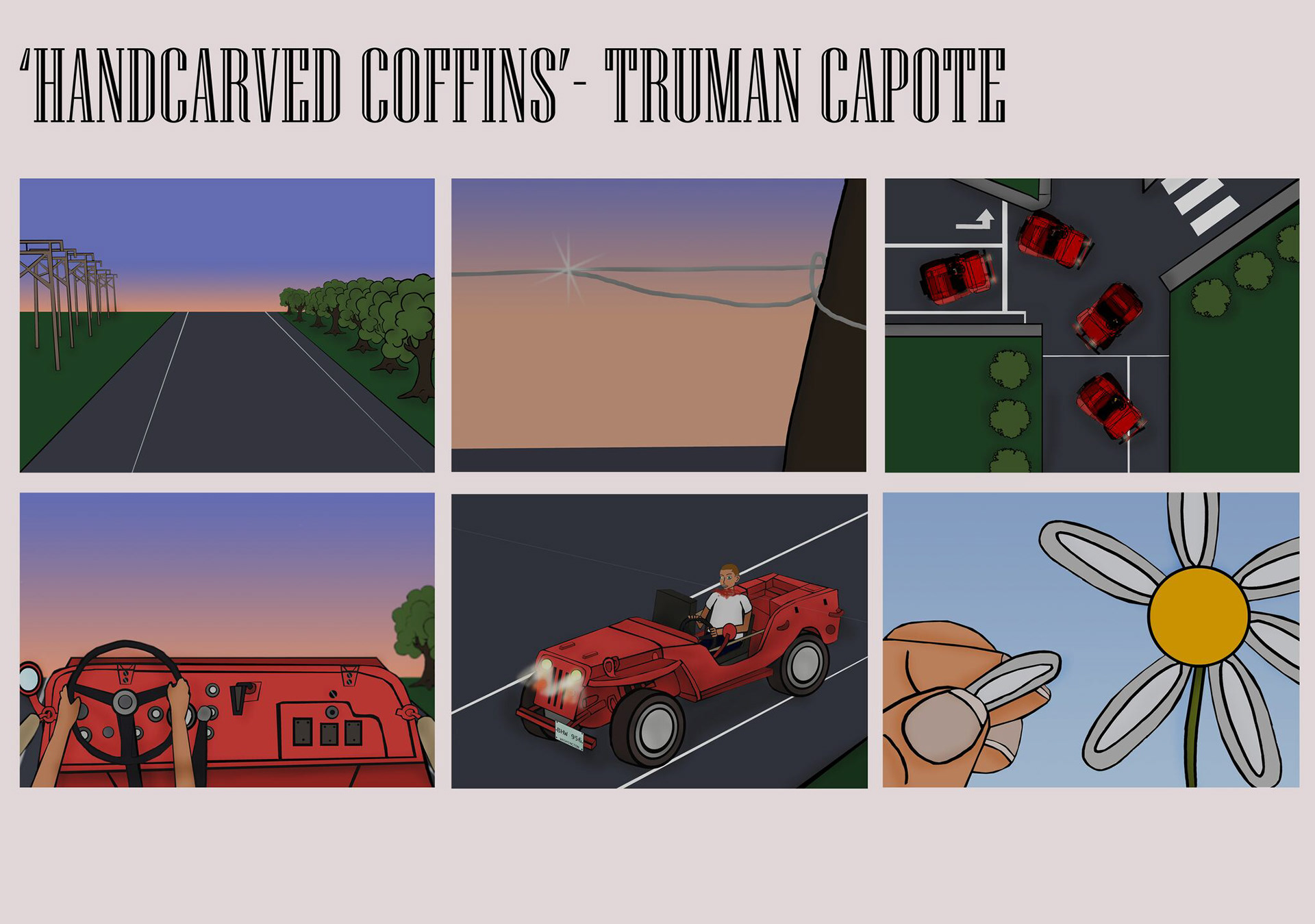 Illustration from Handcarved Coffins: Depicts a man meeting a tragic end when a telephone pole falls on him due to distracted driving, highlighting the dangers of inattention.