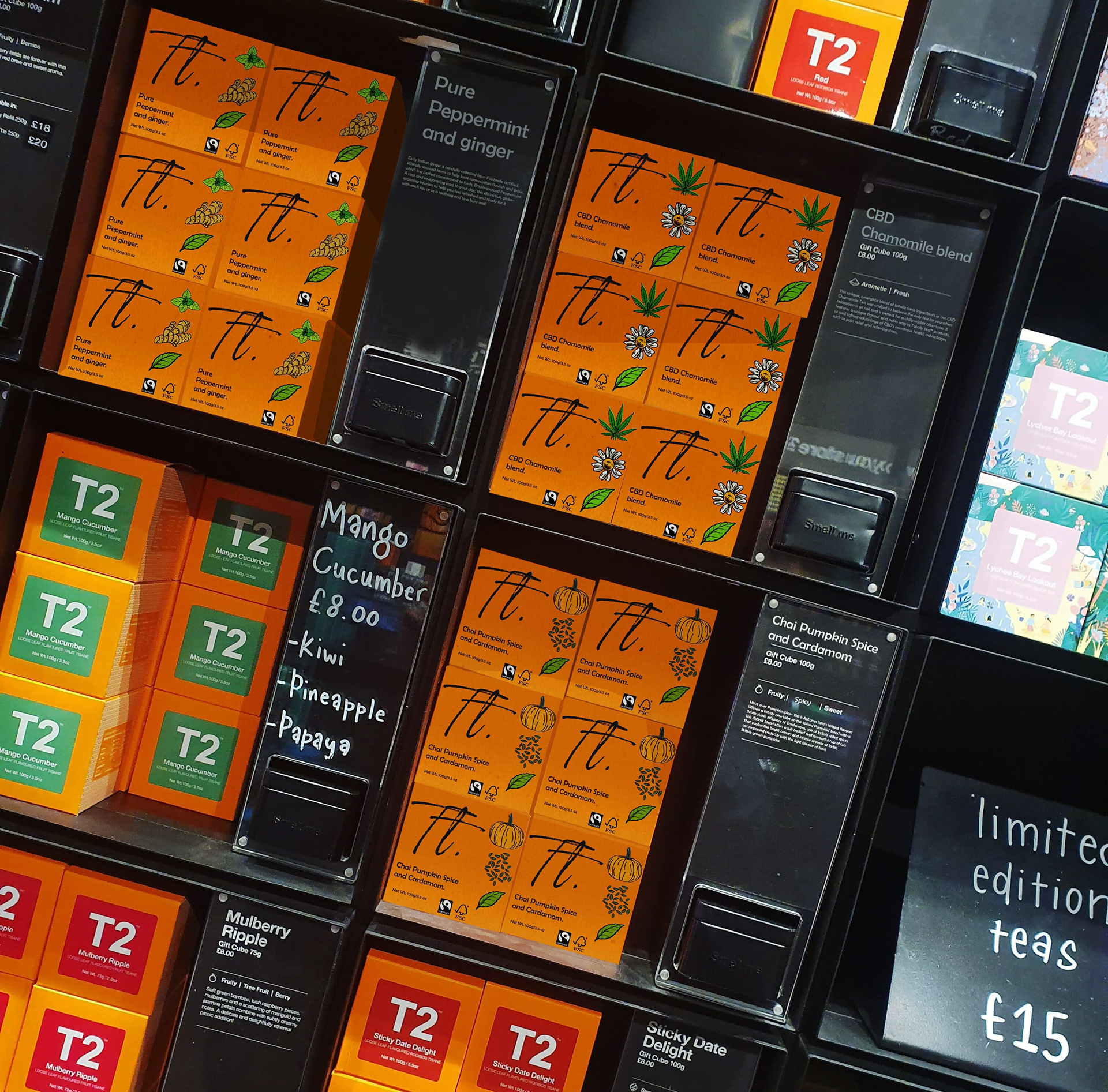 Tea brand product render: Displaying what my relaxation and CBD-focused tea brand would look like in a real-life store.