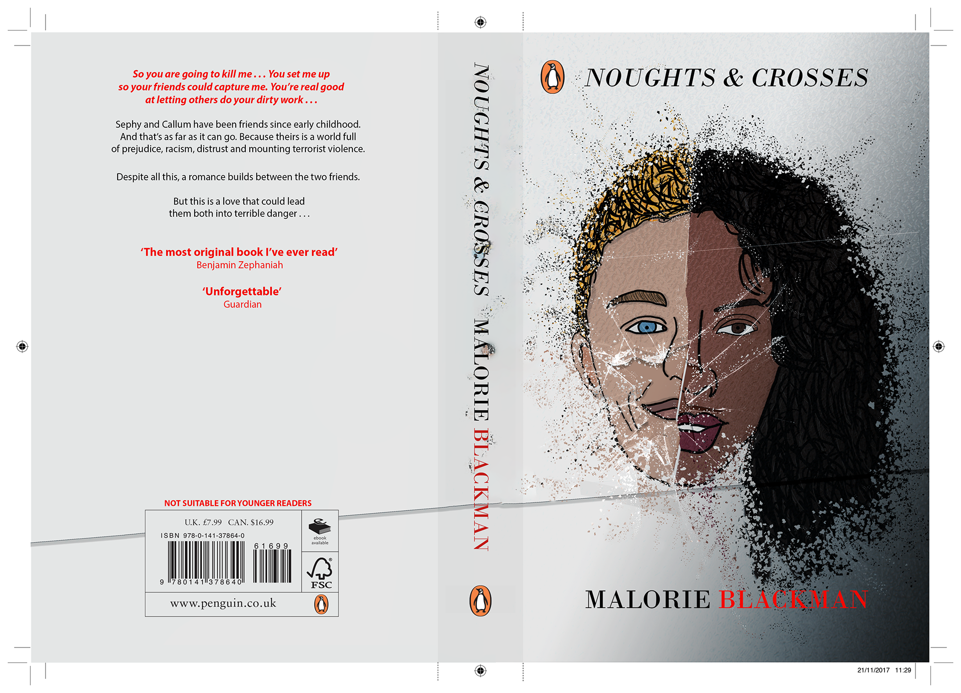Noughts & Crosses book jacket: Redesigned for Malorie Blackman’s series, featuring the main characters and a cracked glass motif symbolizing divisions, reflecting real-life history.