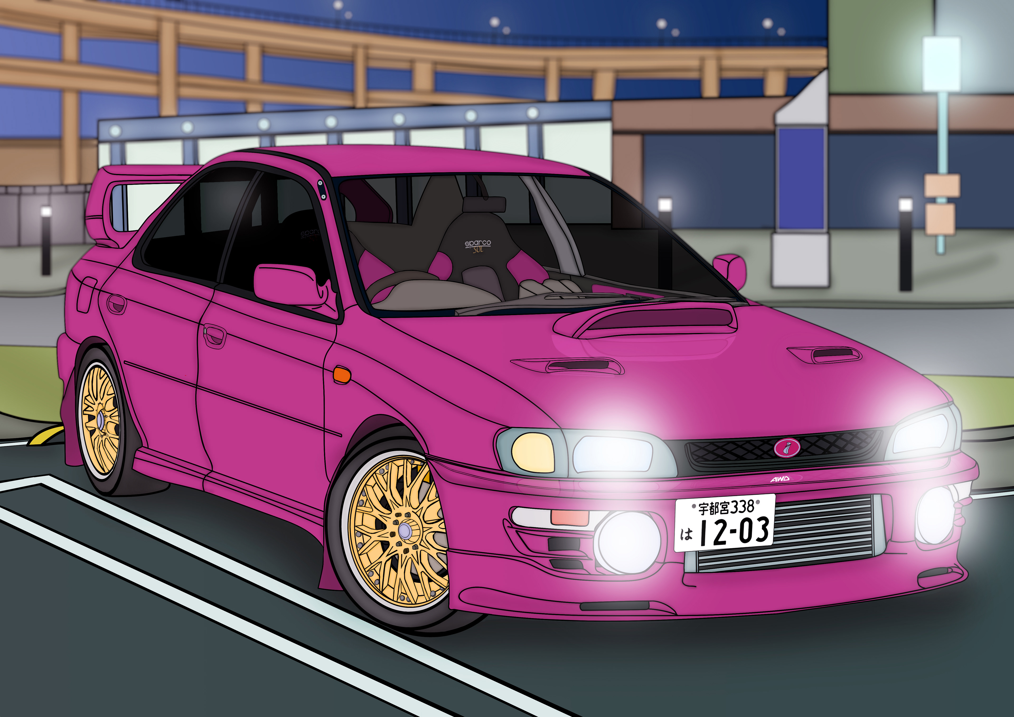 A beloved JDM icon, the Subaru Impreza, seen at Japan's Daikoku parking area—home to organised and impromptu car meets for over 30 years.