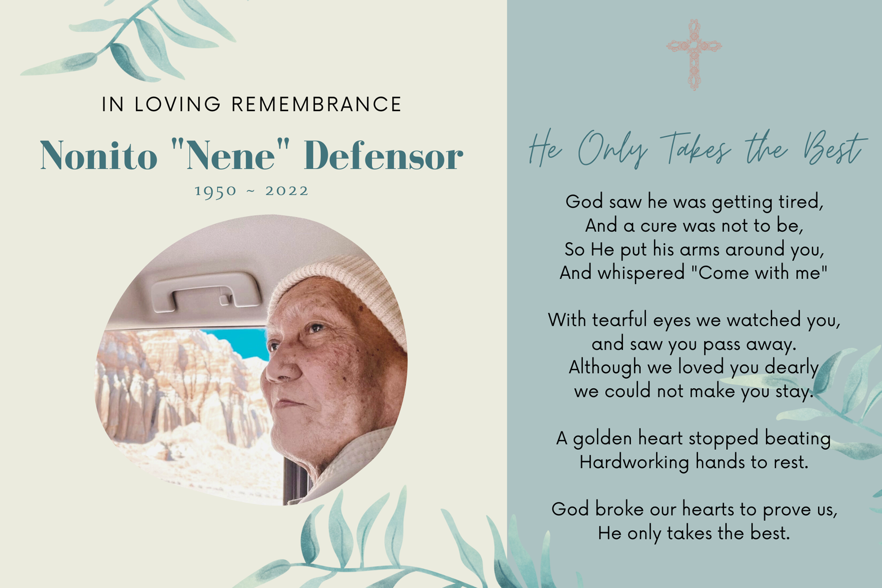 Tatay Nene Defensor's Memorial Tribute - 4"x6" Postcard