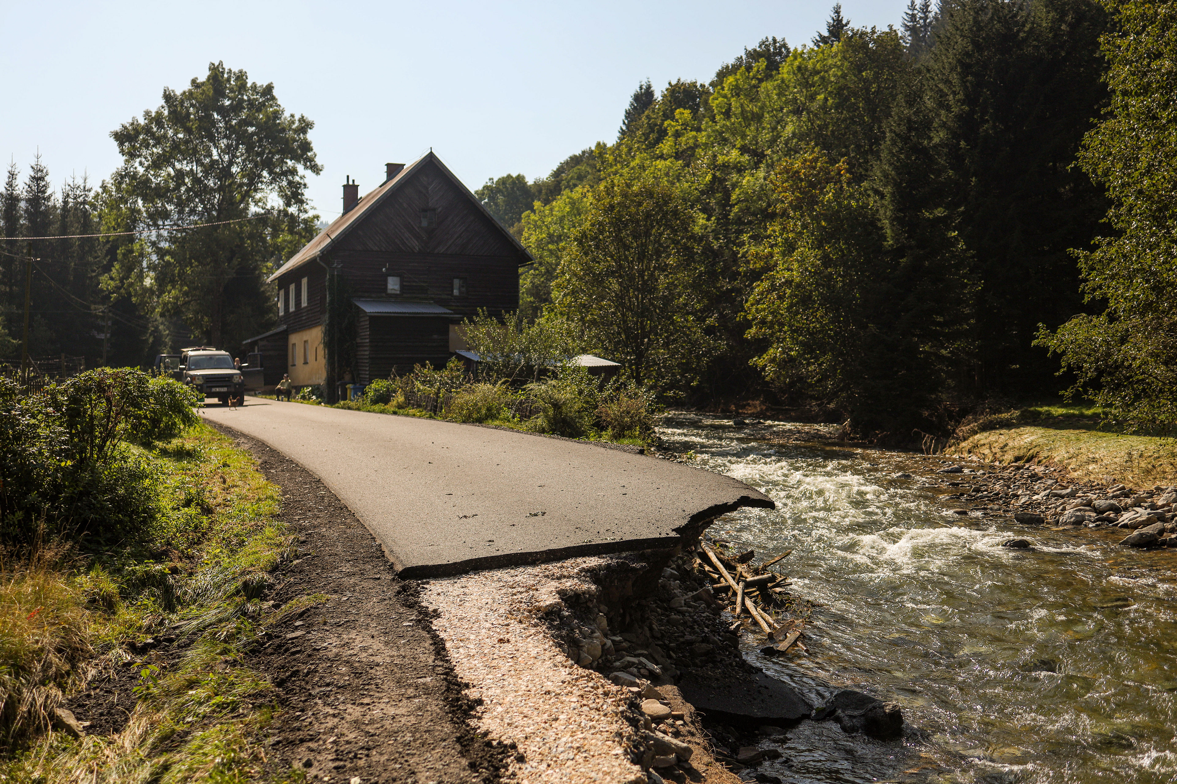 Bielice, Poland. A section of road collapsed into the river after the flood, leaving homes inaccessible and highlighting the scale of infrastructure damage.