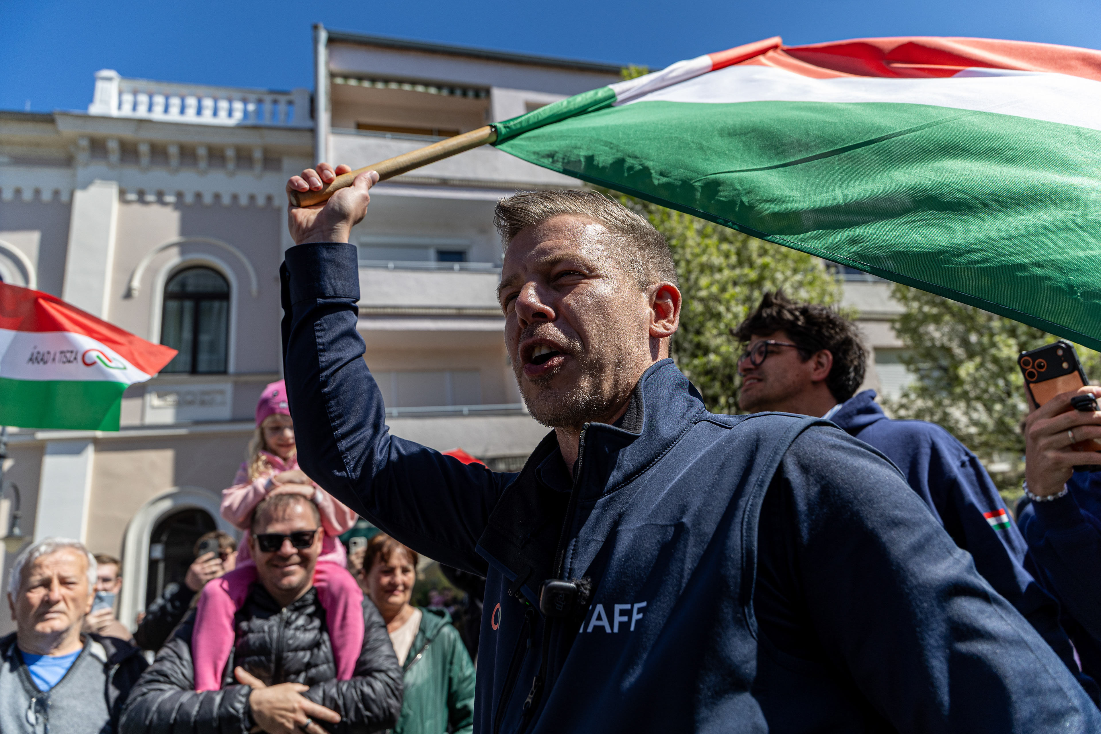 Peter Magyar, leader of the Tisza party, speaks during an election rally in Baja, Hungary.