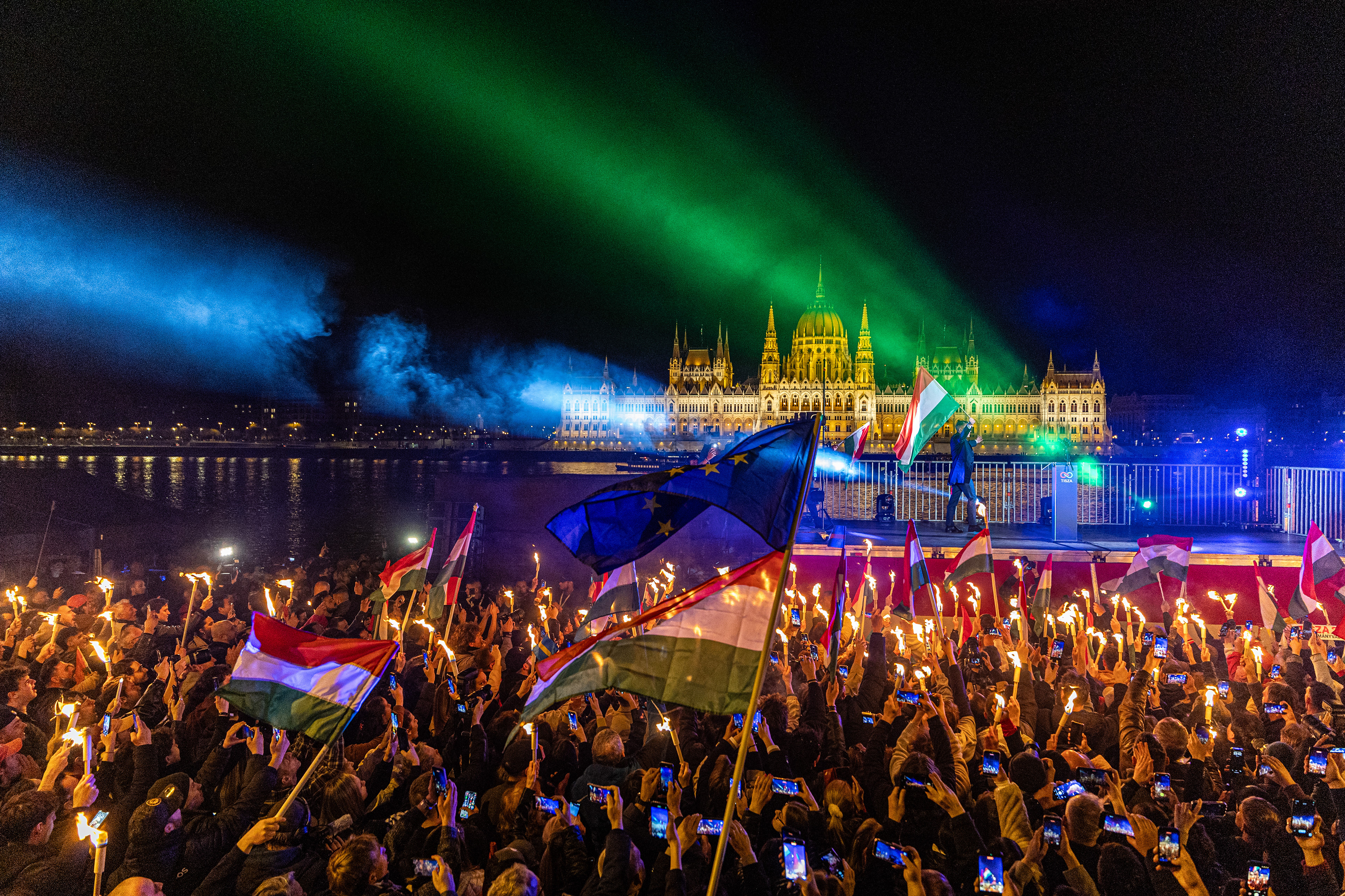 Election night of Peter Magyar and the Tisza party in Budapest.