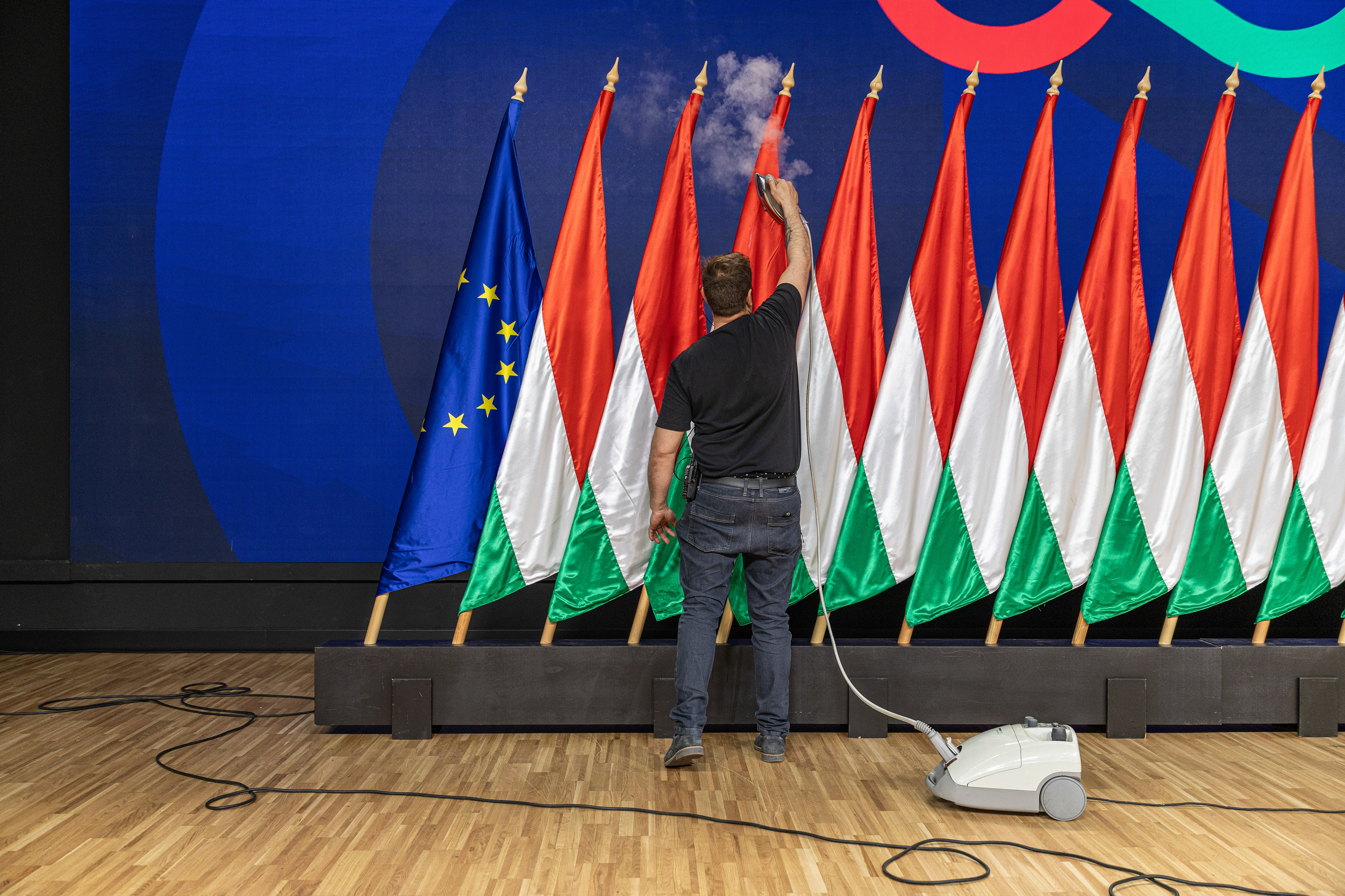 Preparing for a press conference after the election victory.