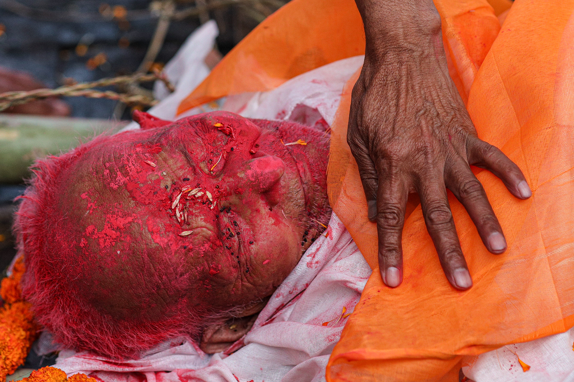 The body of a deceased man during Mahashivaratri in Kathmandu, Nepal.