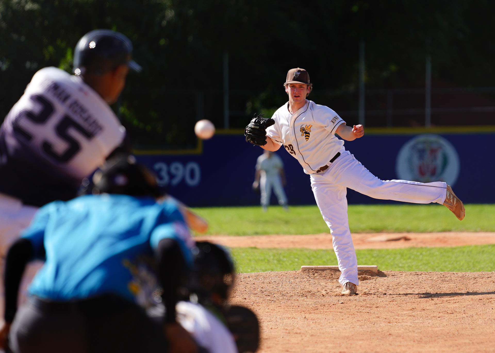 Baldwin Wallace LHP James Catherine throwing a pitch to the opposing Dominican Navy batter.