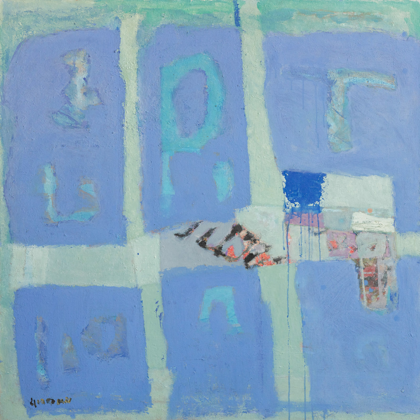 "Blue background", mixed media on canvas, 2001, 100x100 cm