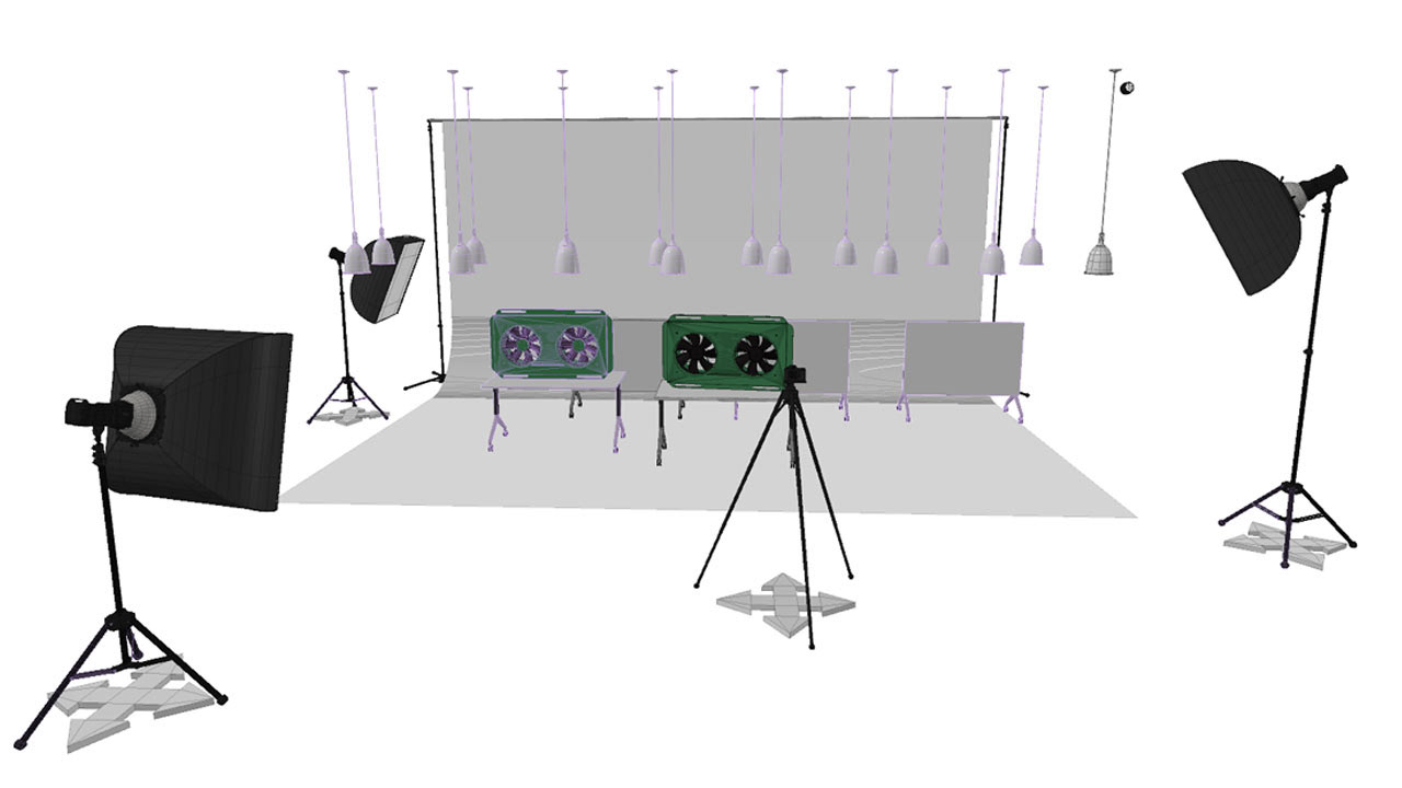 Virtual studio mimics real-world studio to test various lighting scenarios before construction of the physical lighting rig and bulb selections