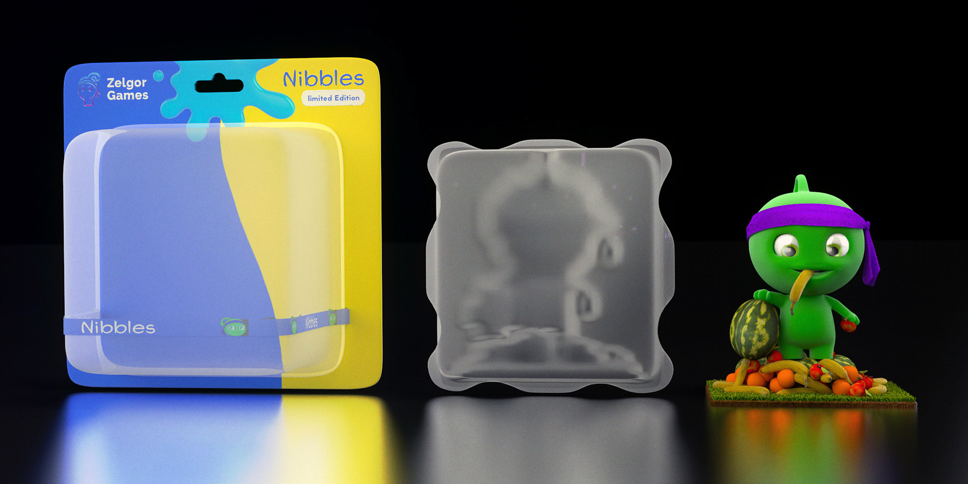 Front view rendering of Nibbles and the outer and inner packaging elements.