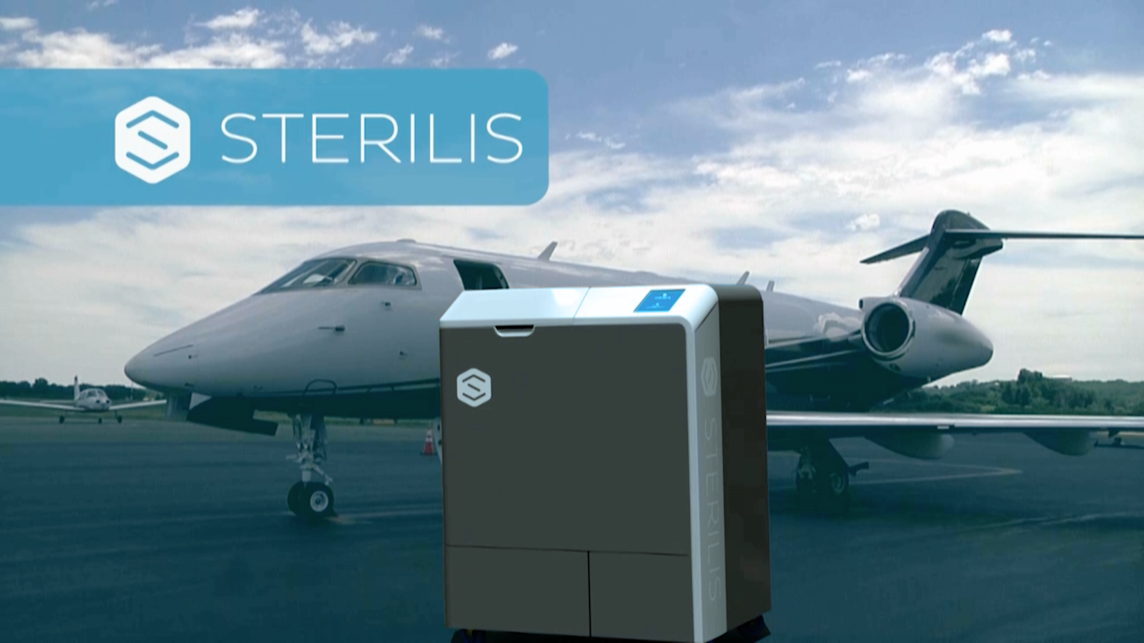 3D Sterilid Device composited over video footage from small plane airport