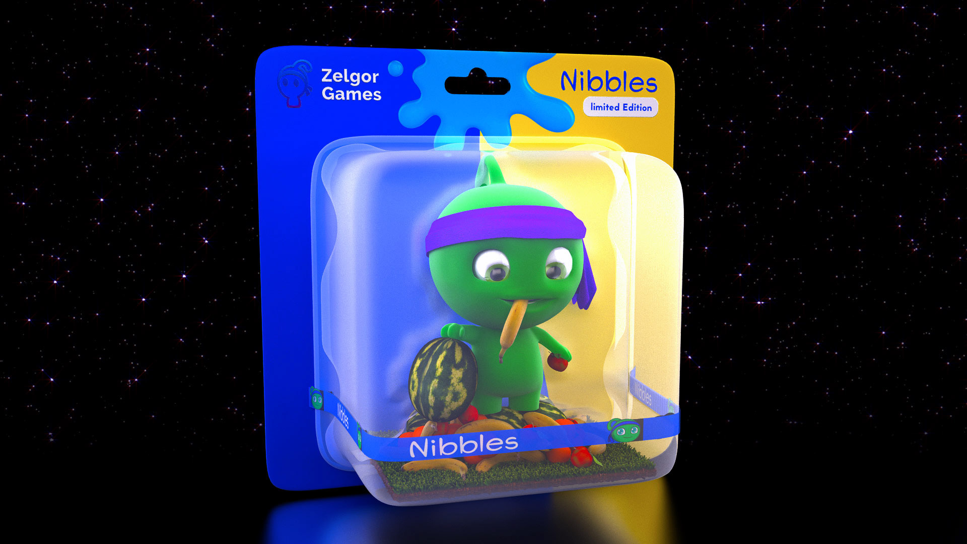 Front 3/4 view of Nibbles and packaging design.