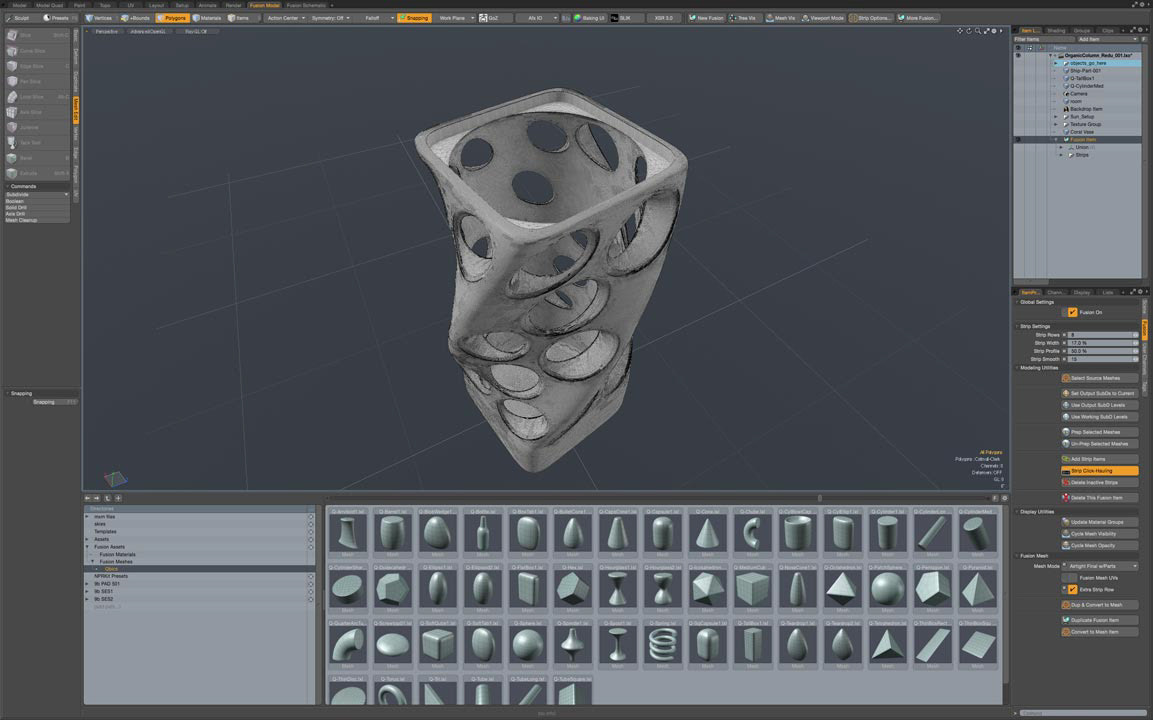 User Interface displaying Mesh Fusion tab with resulting high poly 3D mesh. Using Mesh Fusion in Modo provides a very creative and fun way to experiment with interactive booleans.
