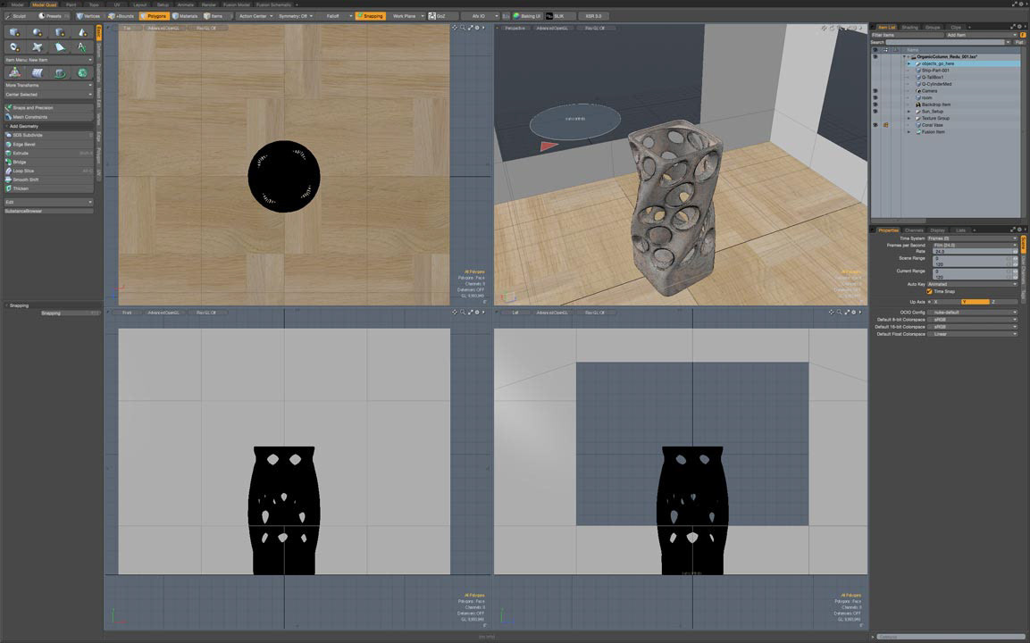 Modo User Interface displaying Model tab. 3D scene setup completed using a scene template "03 Interior" which includes the default room setup with an unclamped sun. Diffuse Color and Roughness, Spectral Amount, Reflection Fresnel, normal and bump map textures created in Substance Painter.