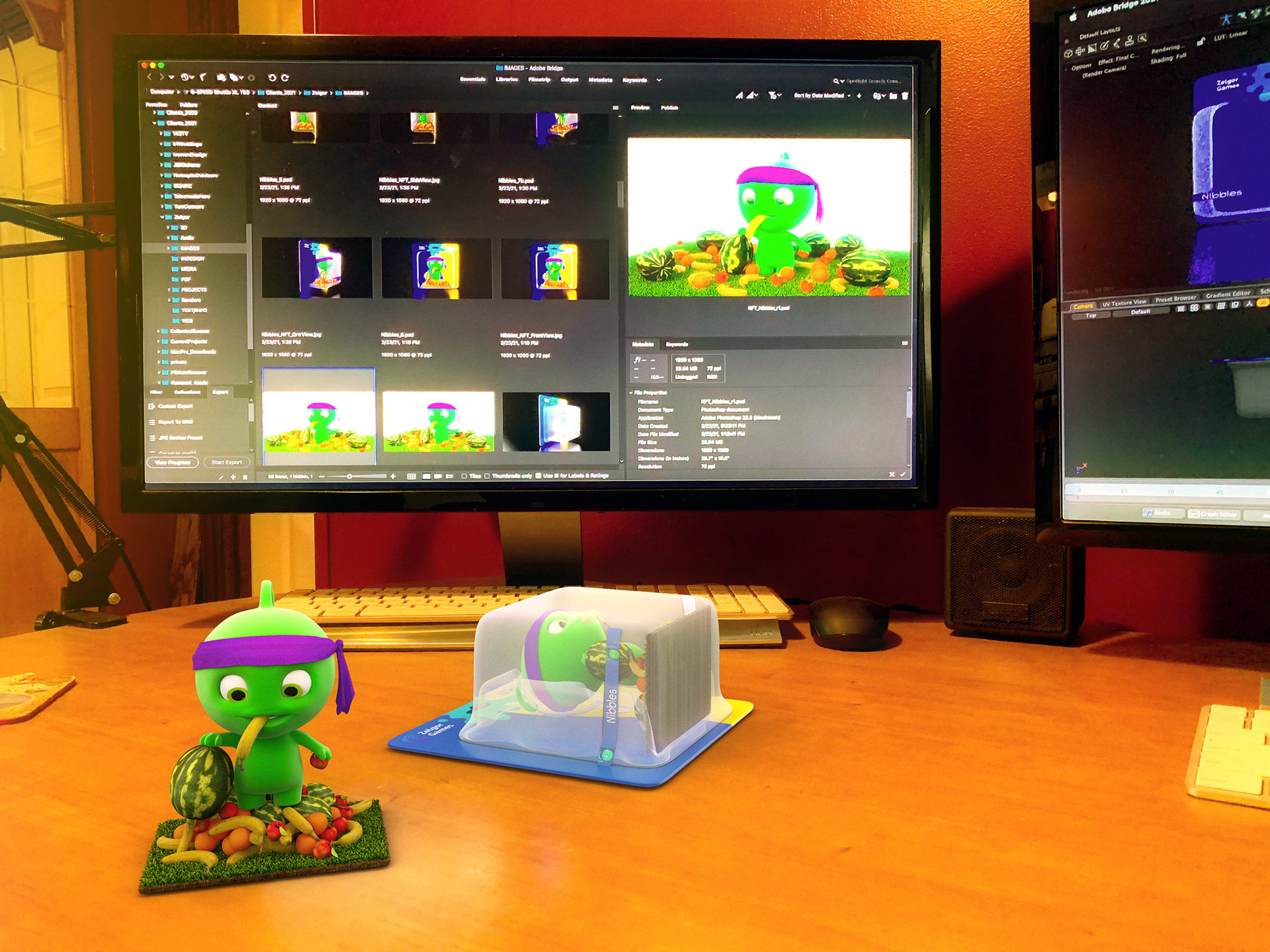 Nibbles 3D elements rendered and composited into background desk photo to indicate scale.