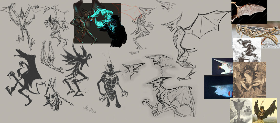 Concept sketches for a cryptid take on the legend of Spring Heeled Jack (moodboard on right)