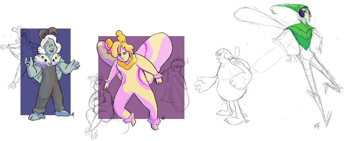 Character sketches based on moths, beetle, and dragonfly