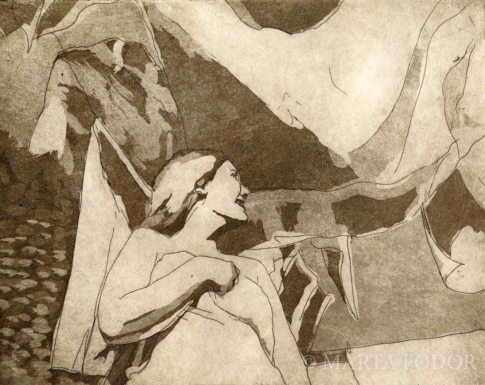 Roxanne in Kalambaka, Greece. Aquatint with drypoint etching