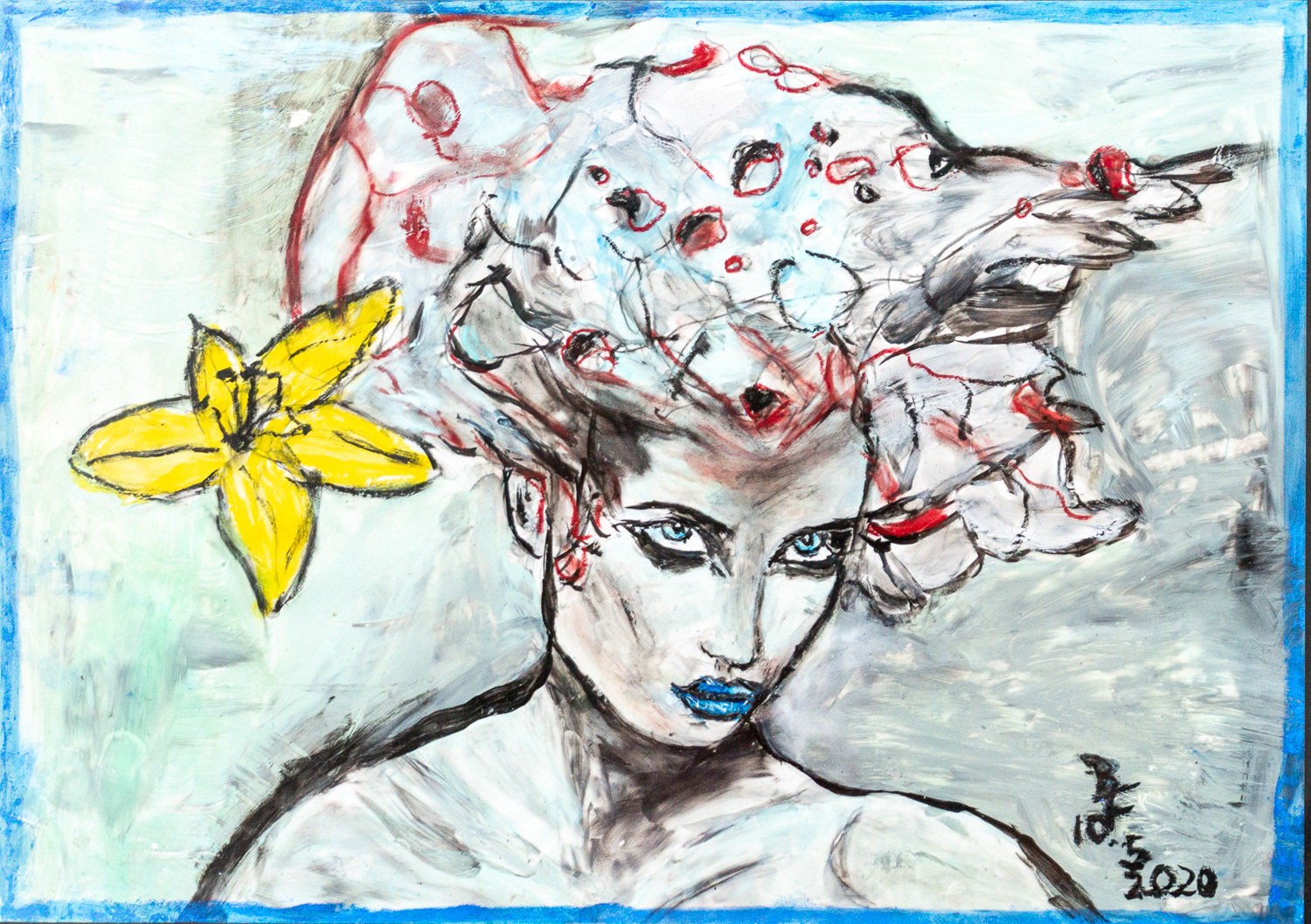 Headexplosion Acryl und Pastelkreide auf Papier hinter Glas gerahmt 41*51*2cm