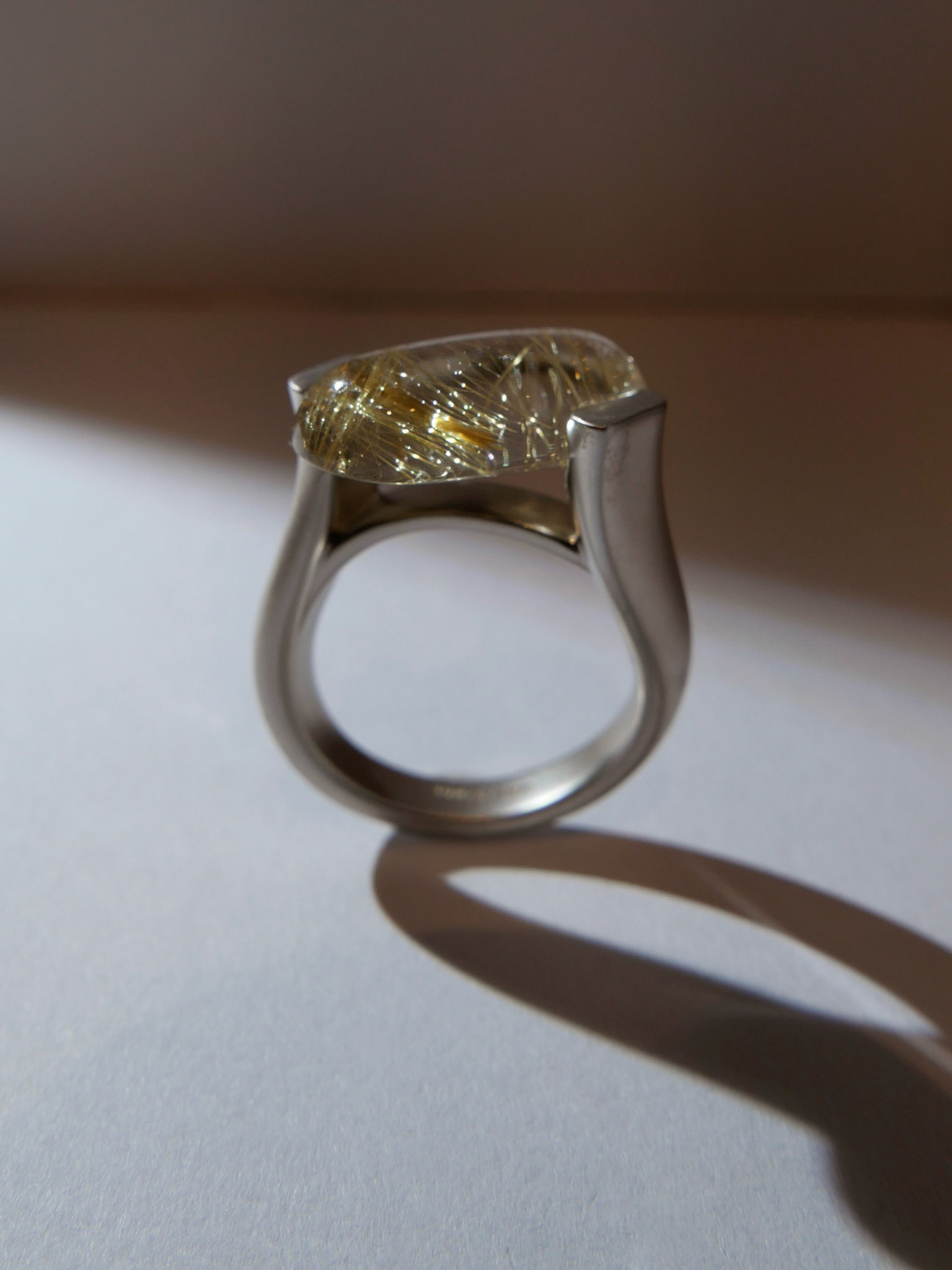 Oval ring, Sterling Silver, 18ct White Gold Plating, Rutilated Quartz