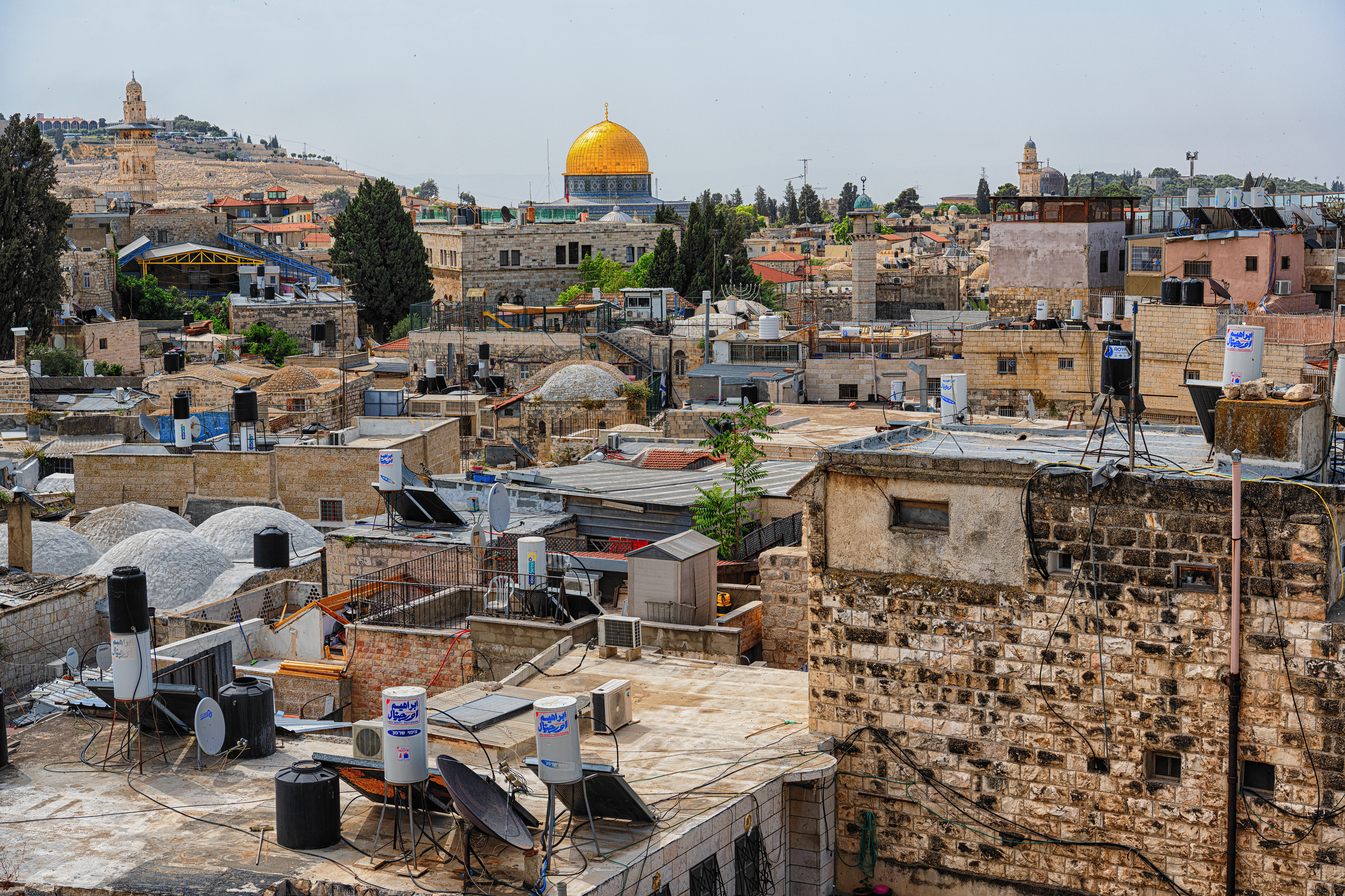 Střechy Old City, vzadu mešita Al-Aksá, Jeruzalém, 12/2017