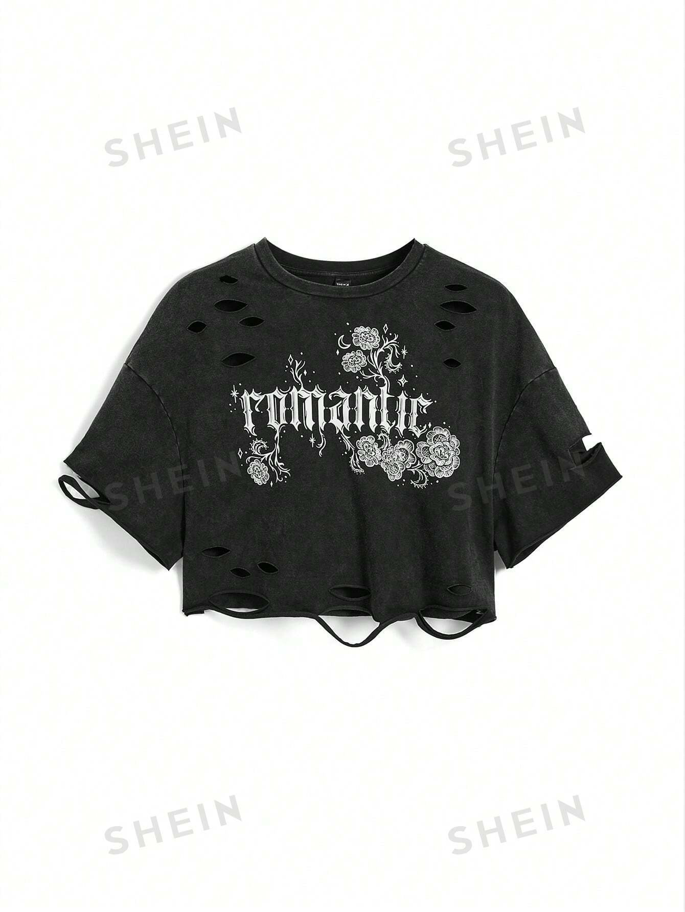 SHEIN X Emi Bee Leisure Round-Neck Cropped Slim-Fit Plus-Size T-Shirt With Distressed Detail