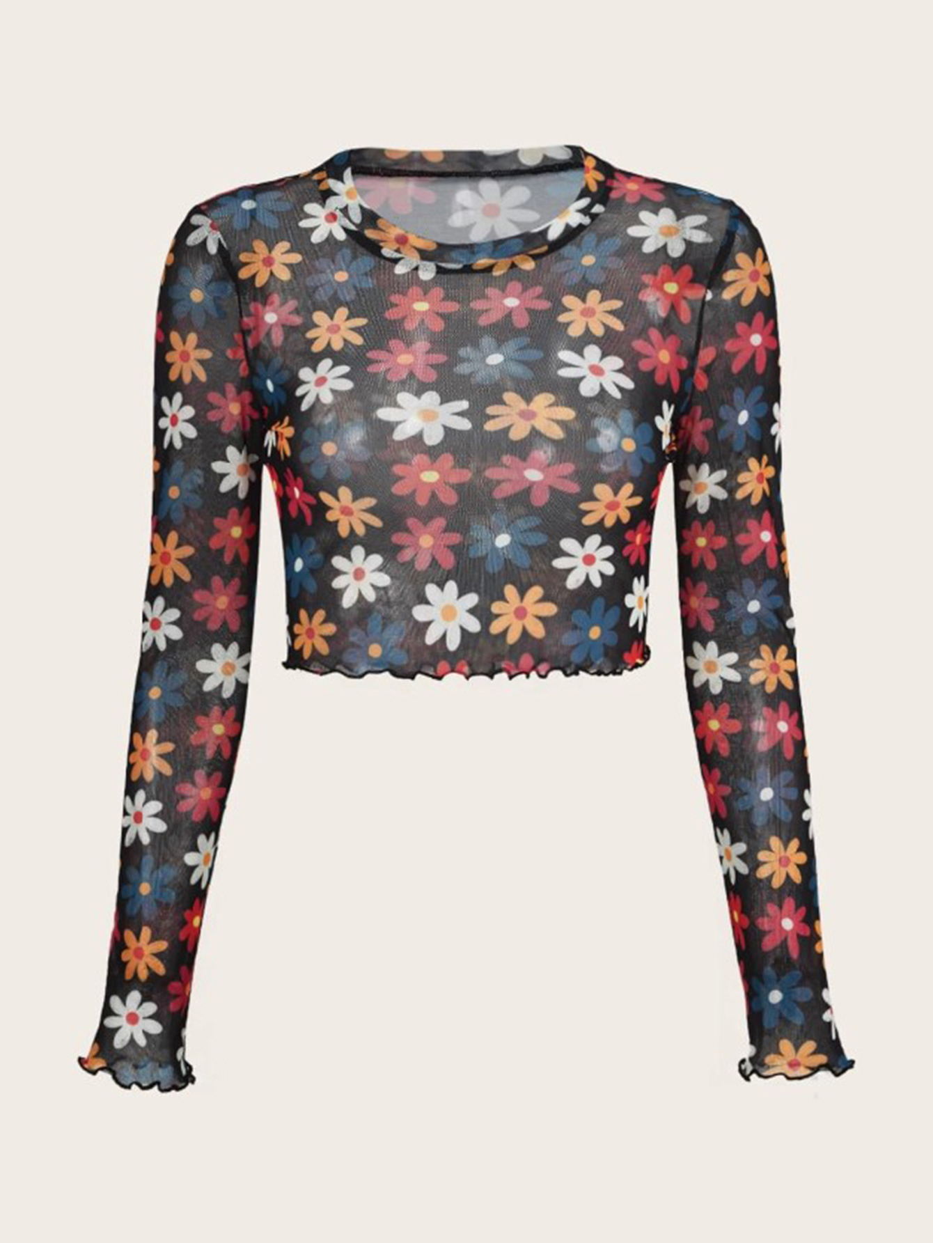 ROMWE X Emi Bee Floral Print Lettuce Trim Mesh Top