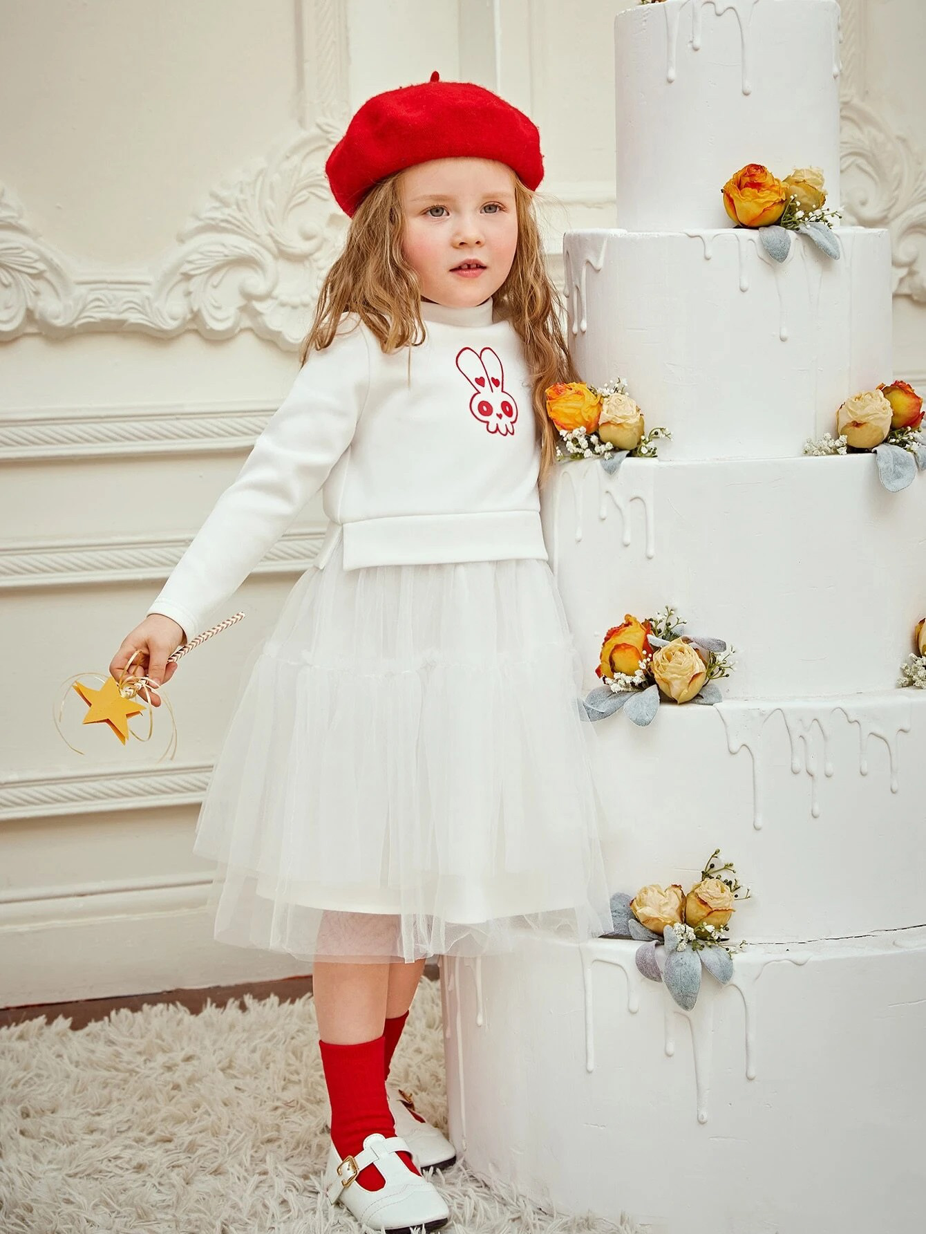 SHEIN X Emi Bee Toddler Girls Mock Neck Rabbit Print Contrast Mesh Dress