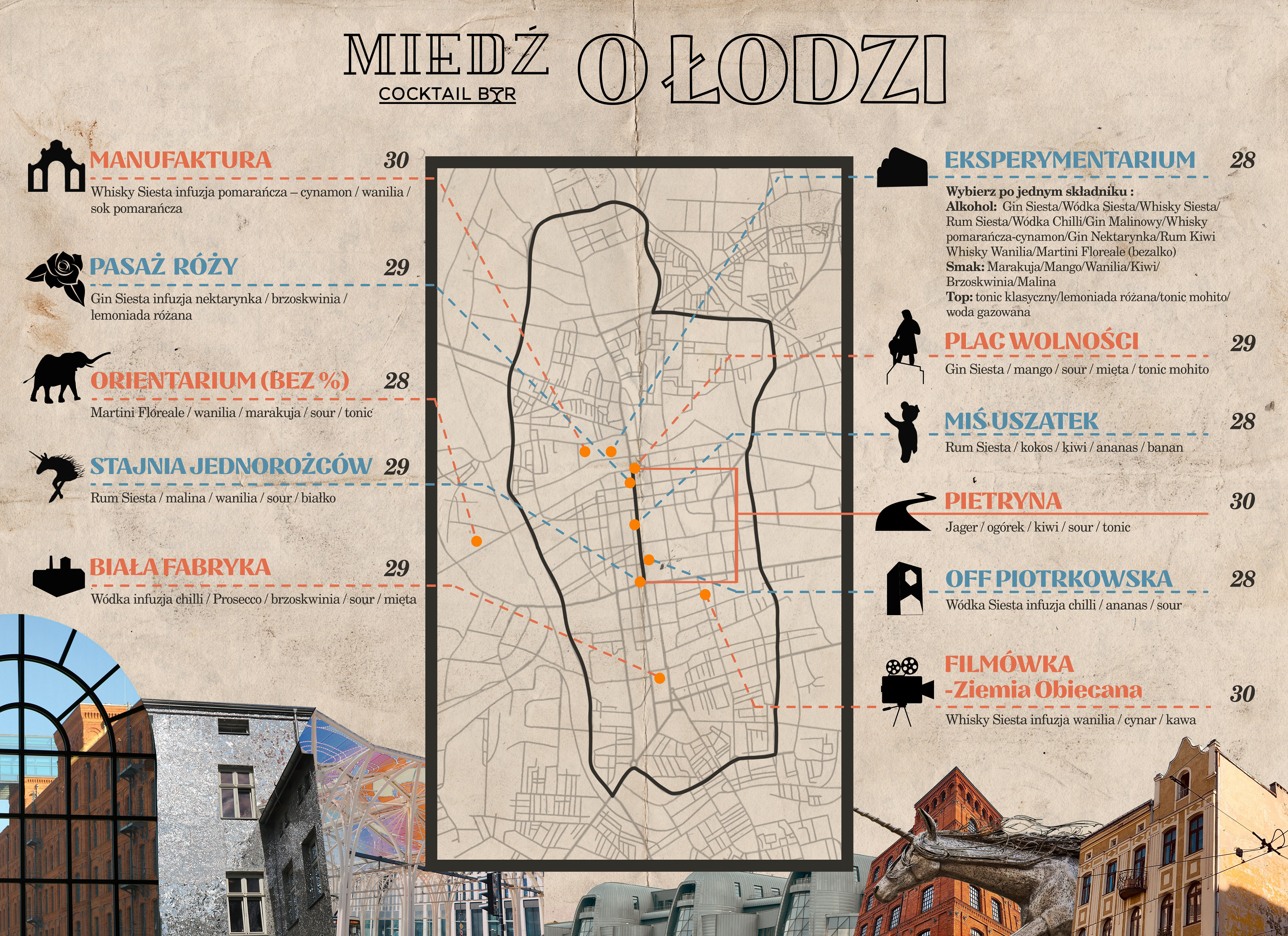1st page of the menu with a map of the sights of Lodz
