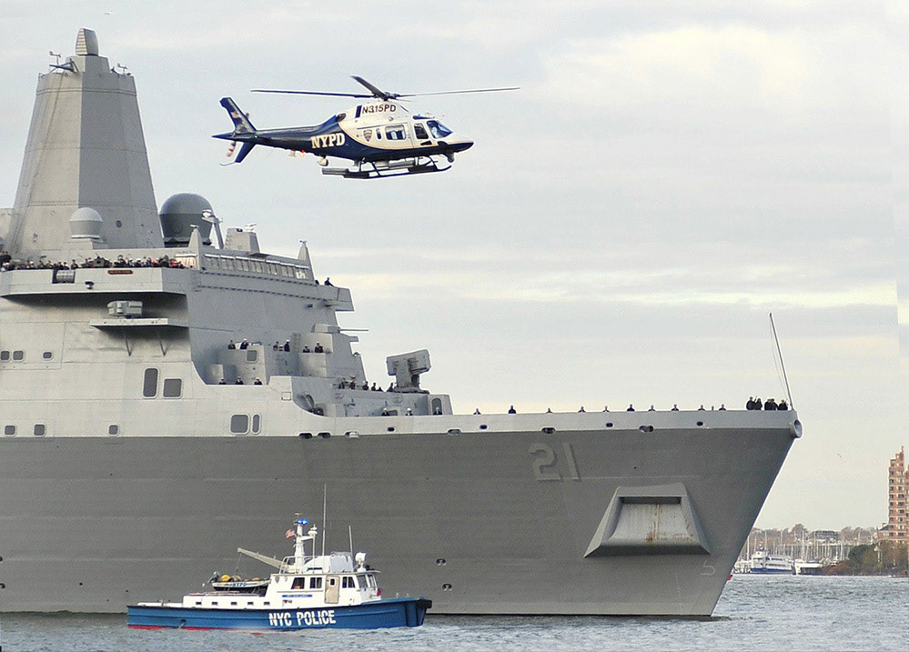 NYPD Aviation and Harbor escort USS New York into NY Harbor for the first time